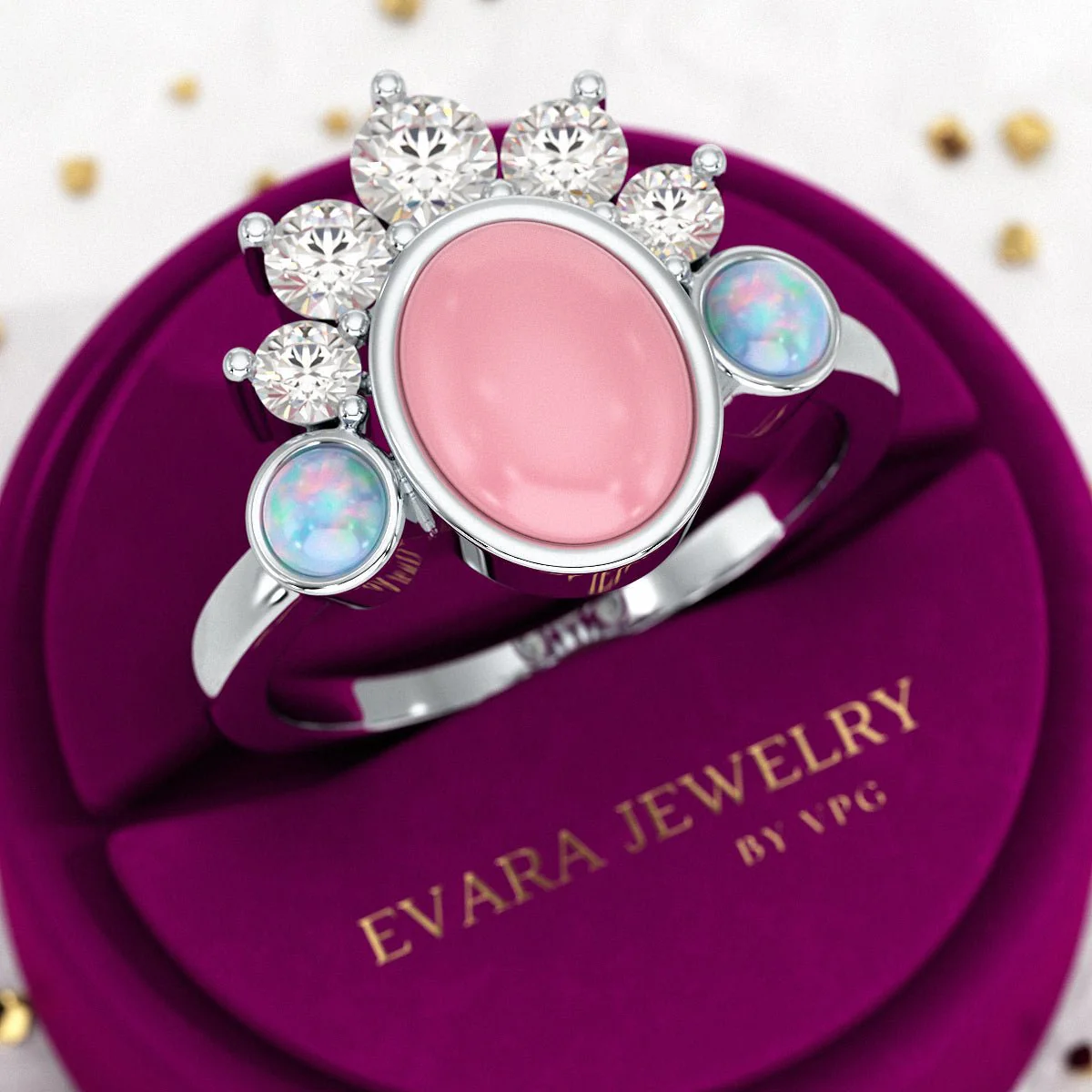 Barbie Theme Pink Opal Multi Stone Art Deco Ring with Fire Opal and Lab Grown Diamonds - Image 8