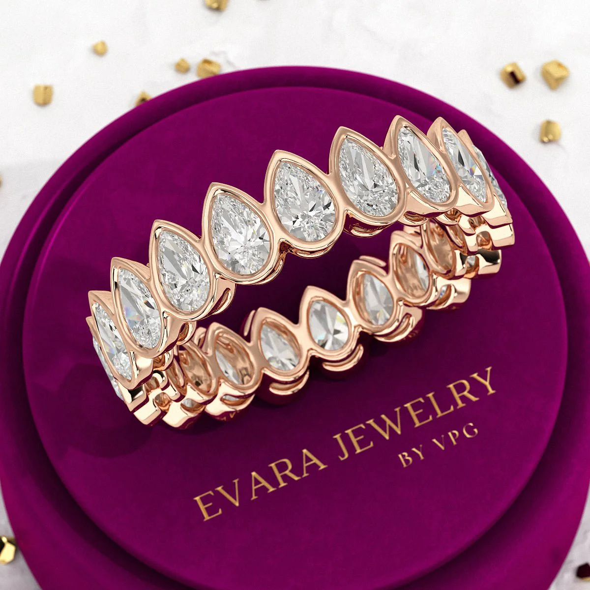Bezel Set 5 Carat Pear Cut Diamond Eternity Wedding Band - Image 12