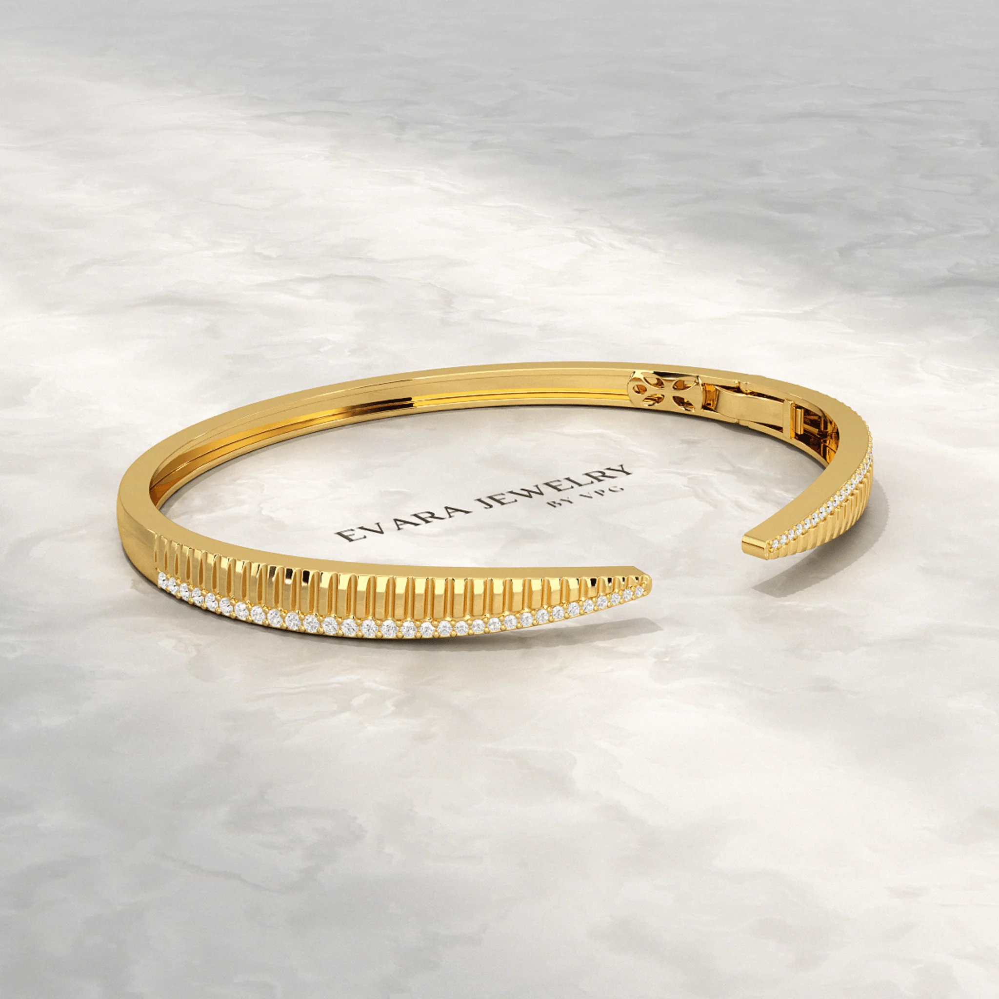 Chevron Diamond Gold Open Cuff Bangle Bracelet - Image 4