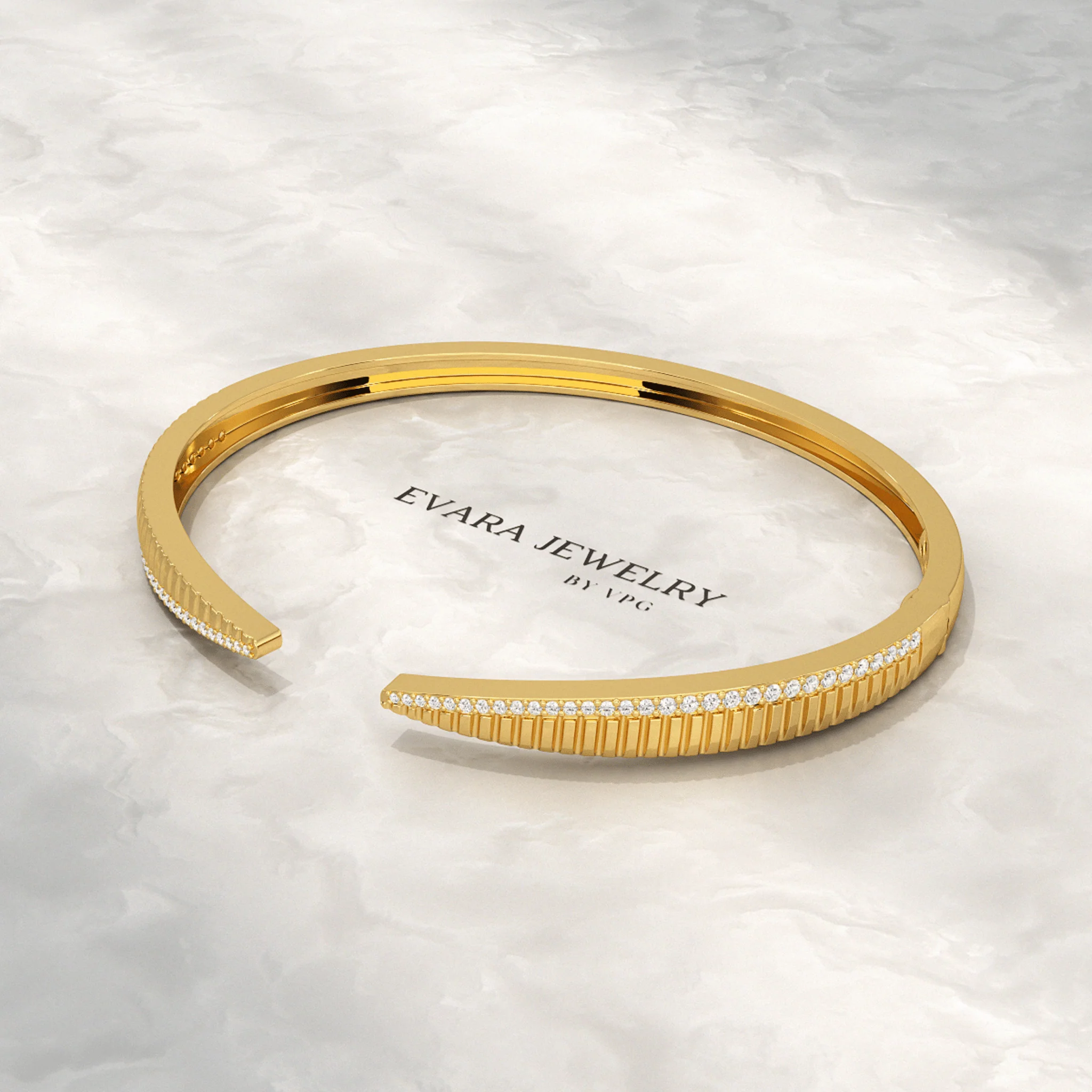 Chevron Diamond Gold Open Cuff Bangle Bracelet - Image 5