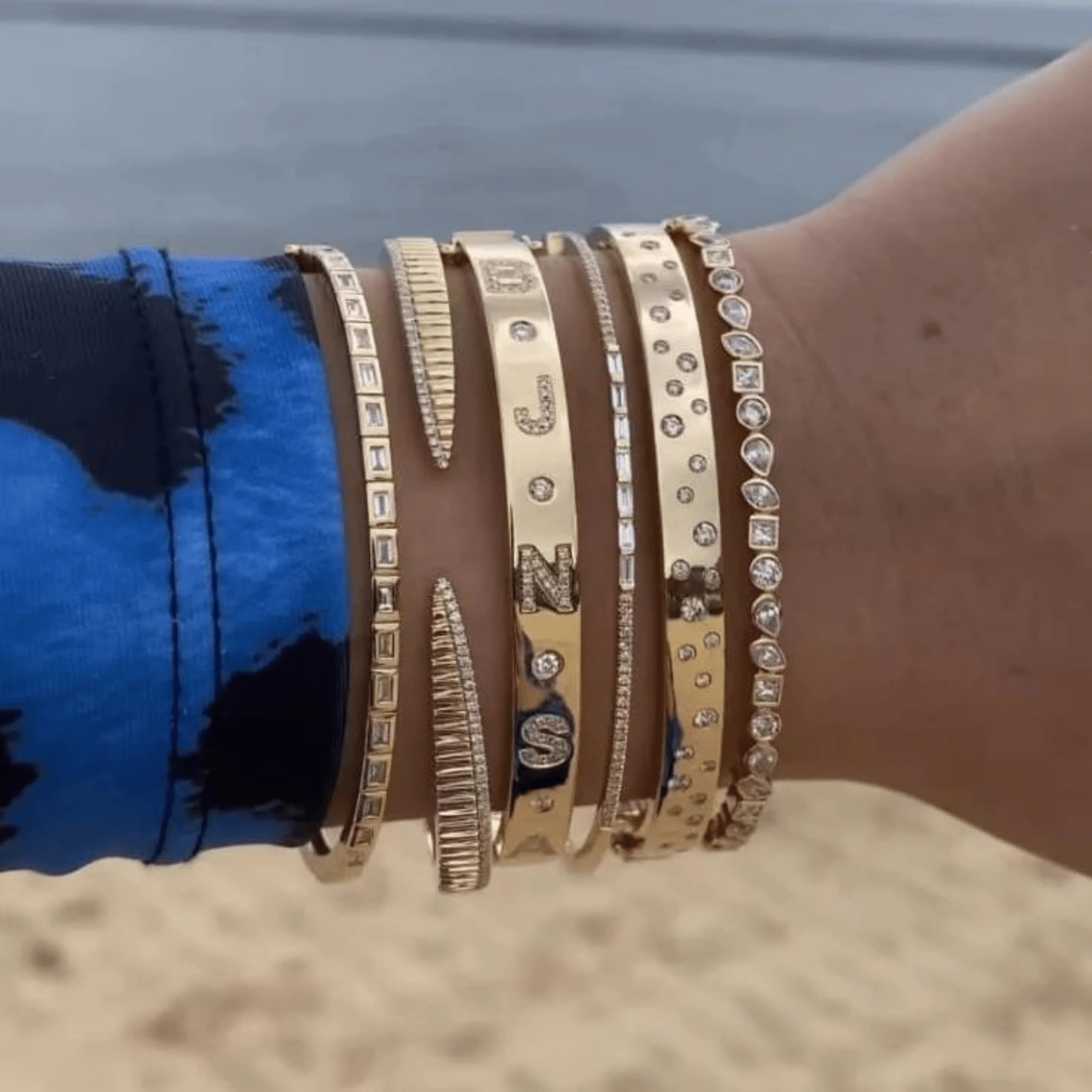 Chevron Diamond Gold Open Cuff Bangle Bracelet - Image 6
