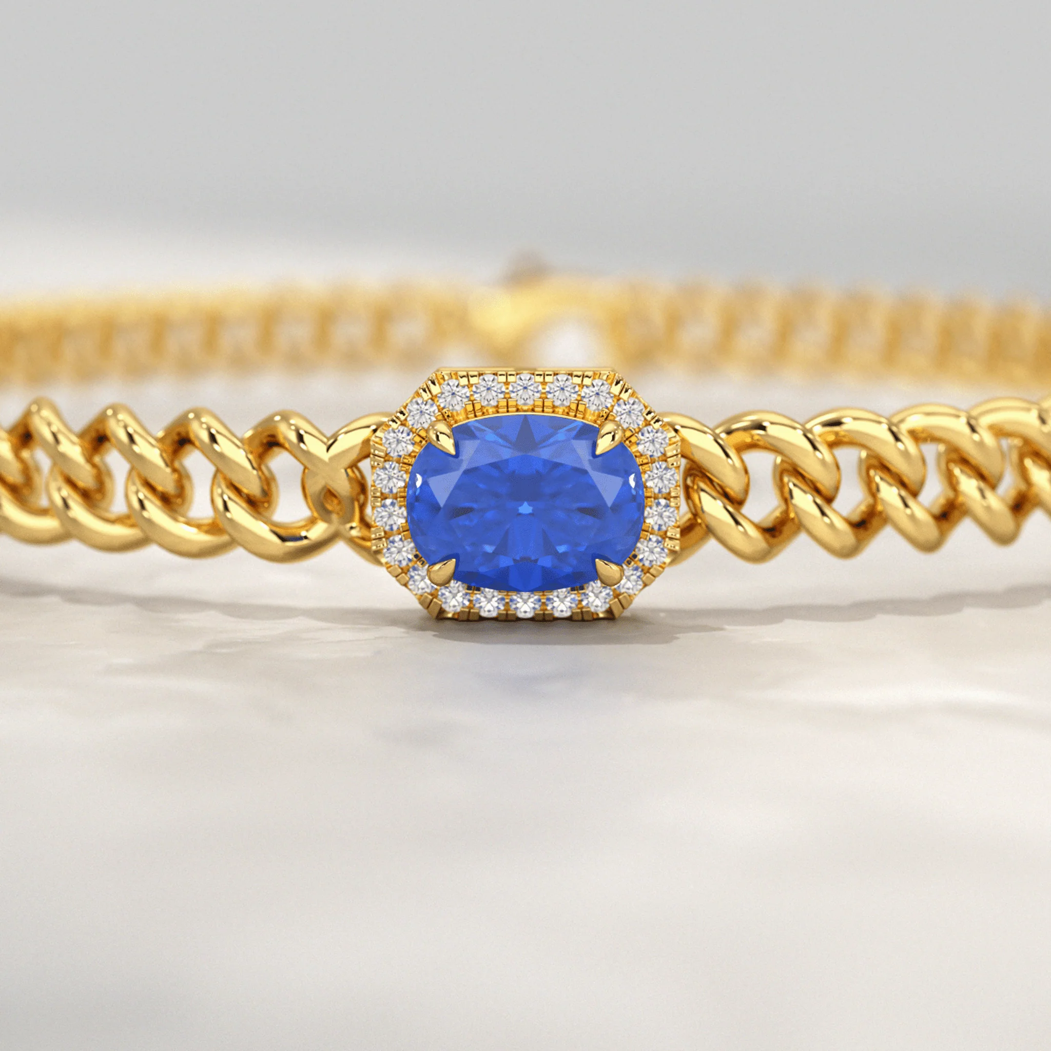 Cuban Chain Link Bracelet with Natural Blue Sapphire & Lab Grown Diamonds - Image 3