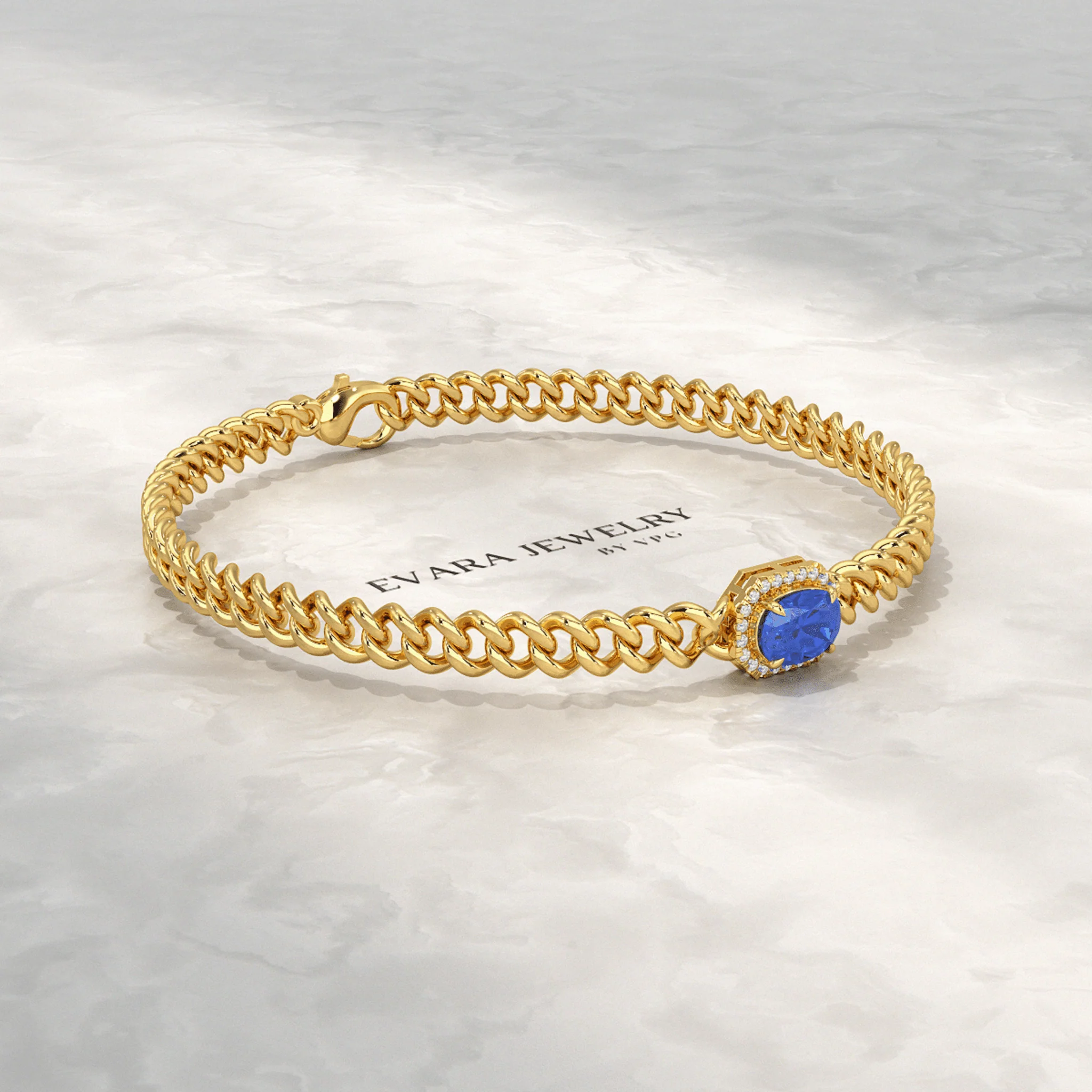 Cuban Chain Link Bracelet with Natural Blue Sapphire & Lab Grown Diamonds - Image 4