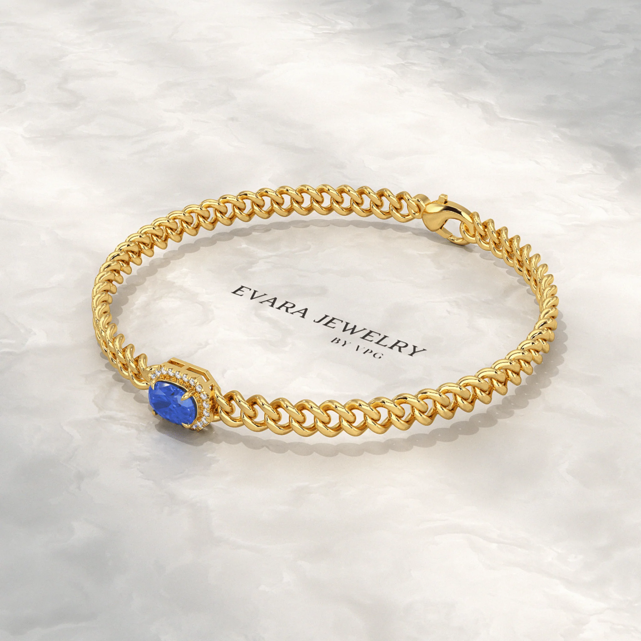 Cuban Chain Link Bracelet with Natural Blue Sapphire & Lab Grown Diamonds - Image 5