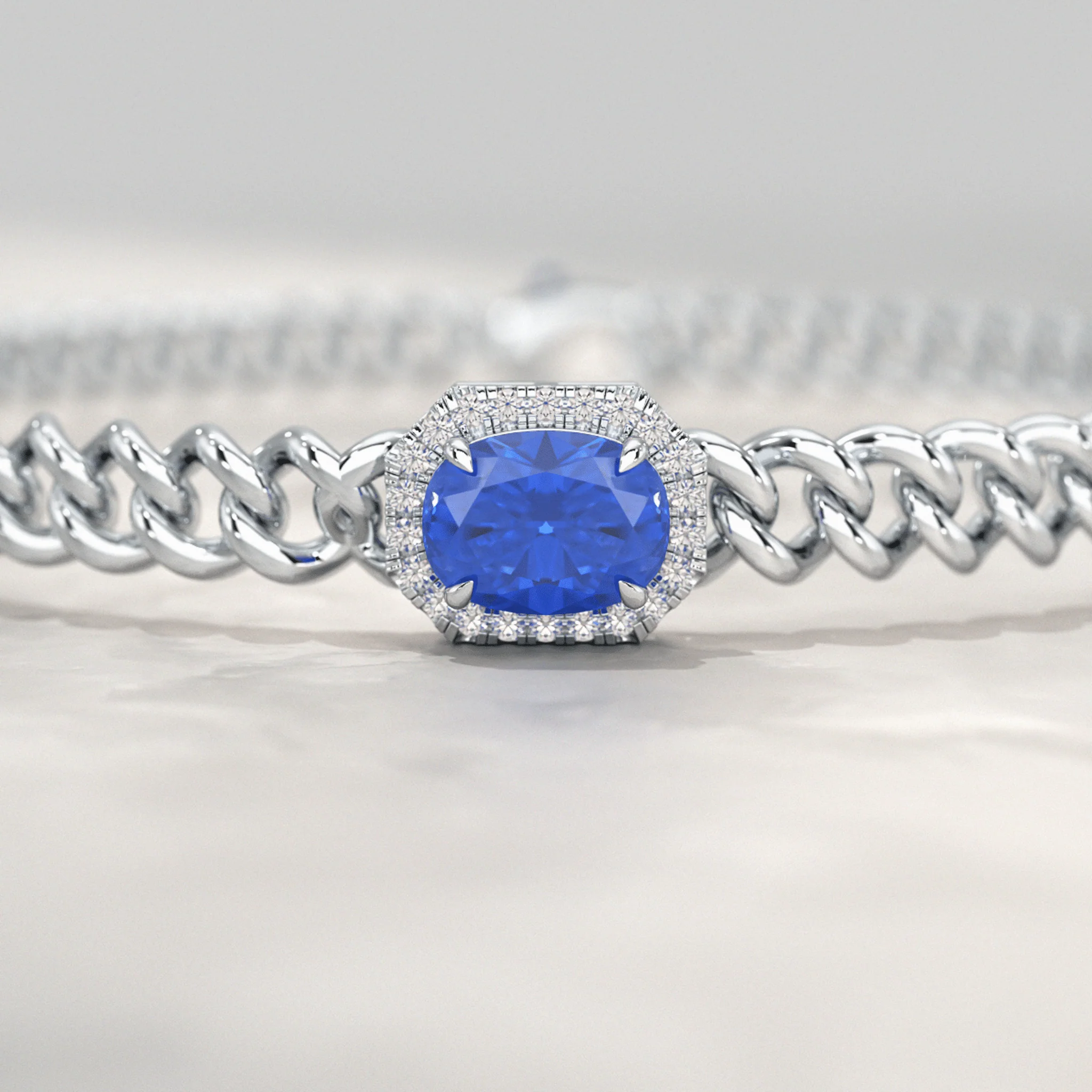 Cuban Chain Link Bracelet with Natural Blue Sapphire & Lab Grown Diamonds - Image 7