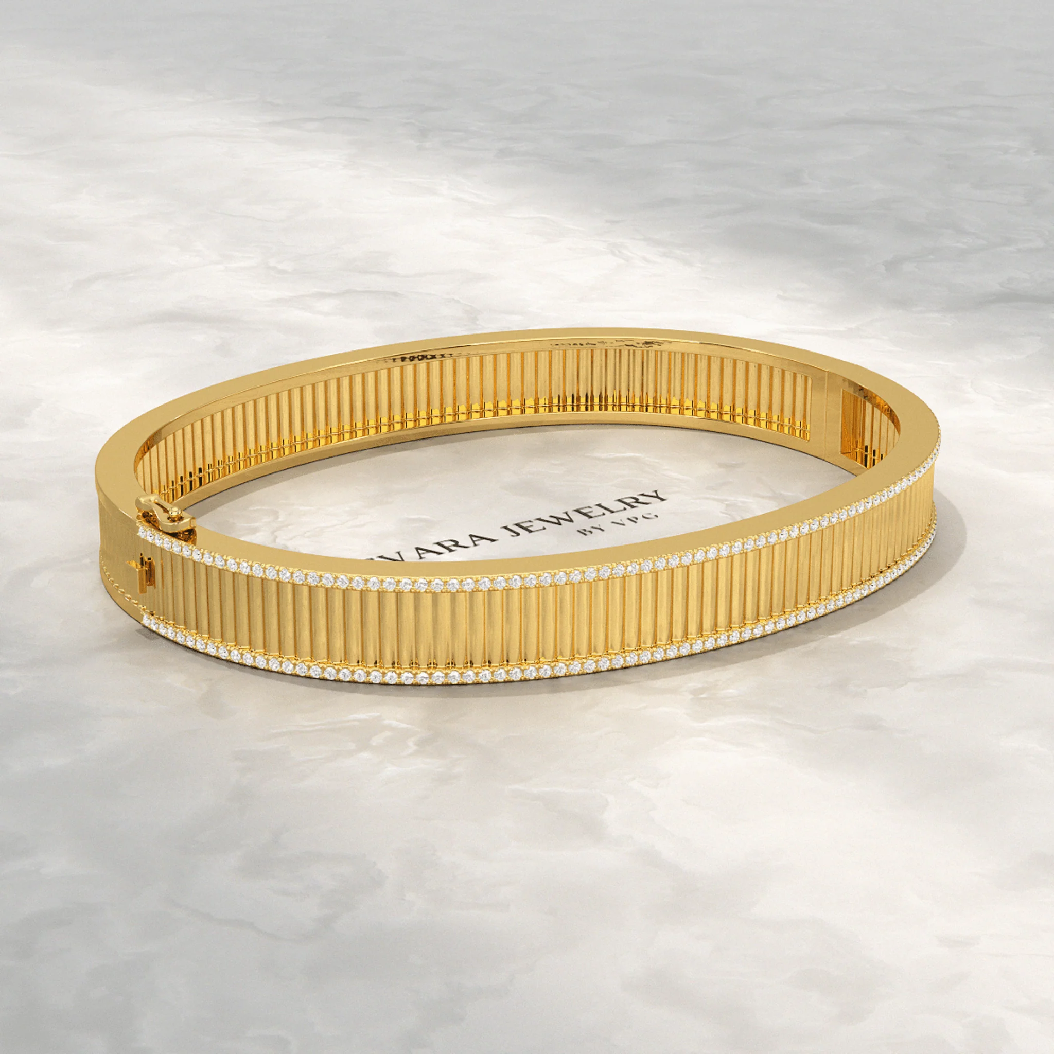 Diamond Ribbed Cuff Bangle studded in Solid Gold - Image 4