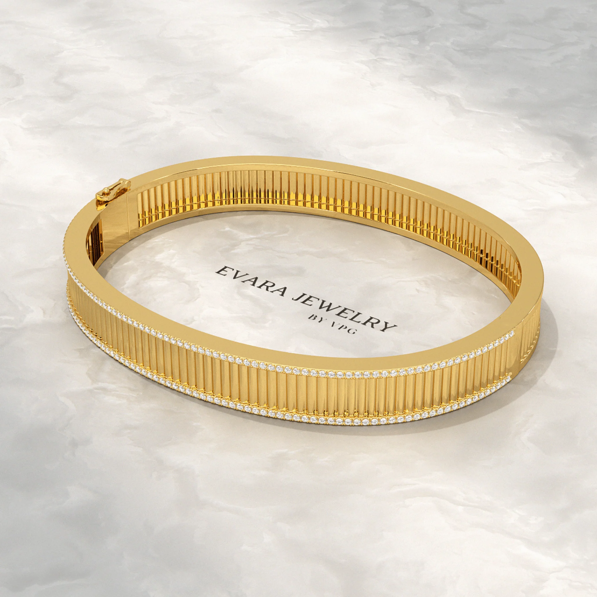 Diamond Ribbed Cuff Bangle studded in Solid Gold - Image 5