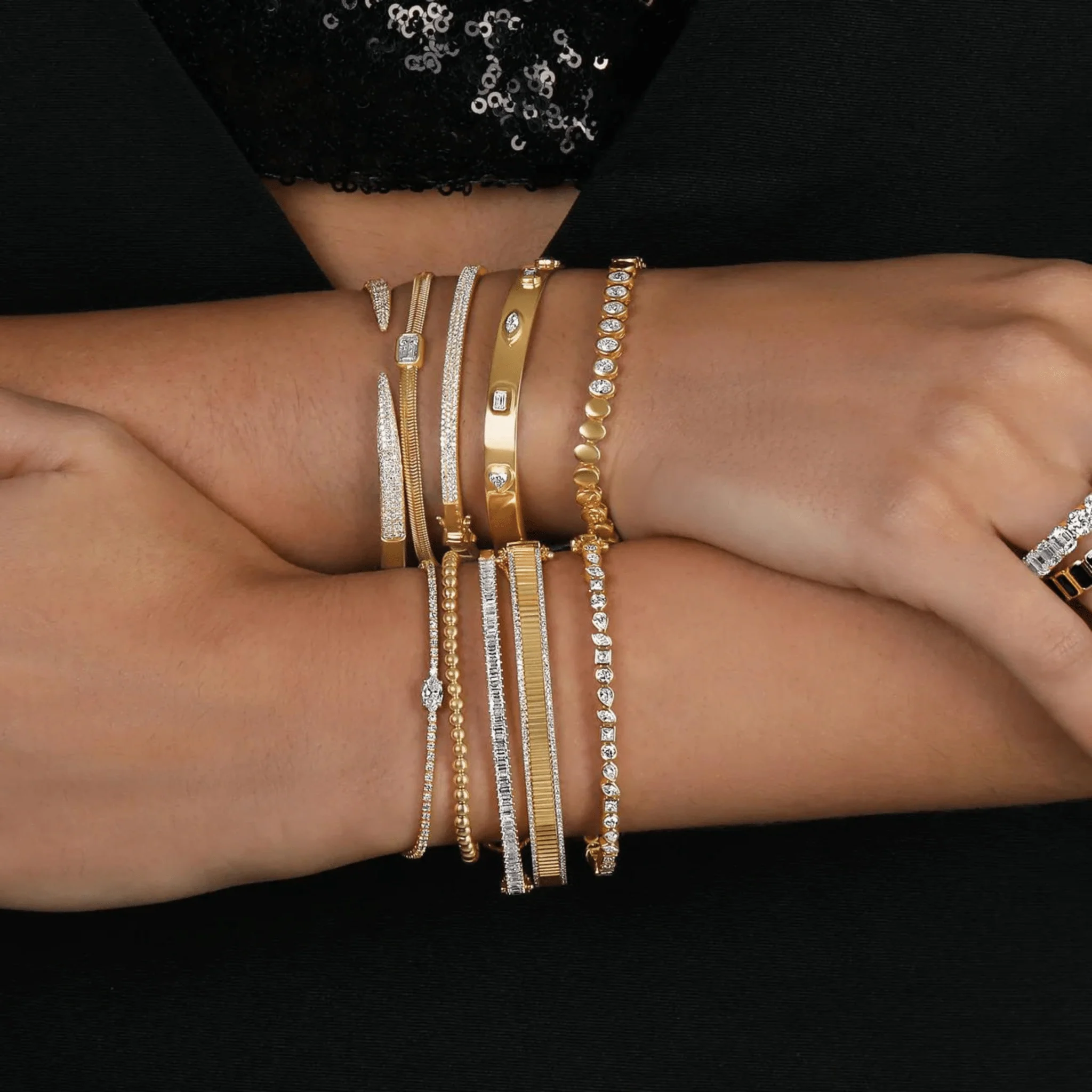 Diamond Ribbed Cuff Bangle studded in Solid Gold - Image 6