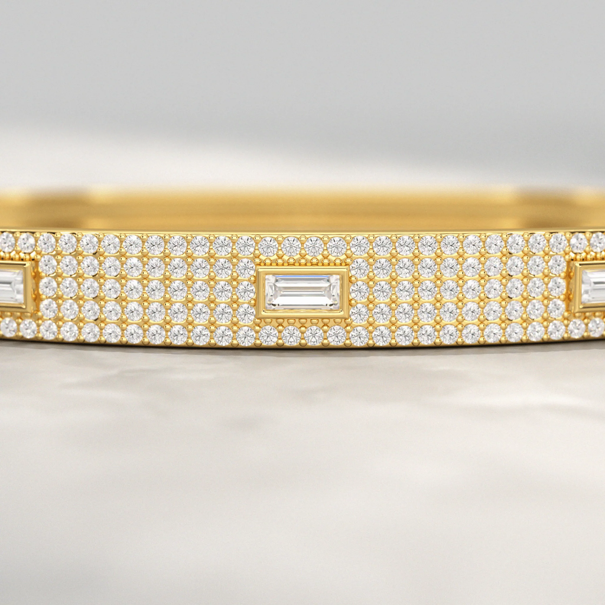 Diamond Round & Baguette Luxury Cuff Bracelet in Gold - Image 3