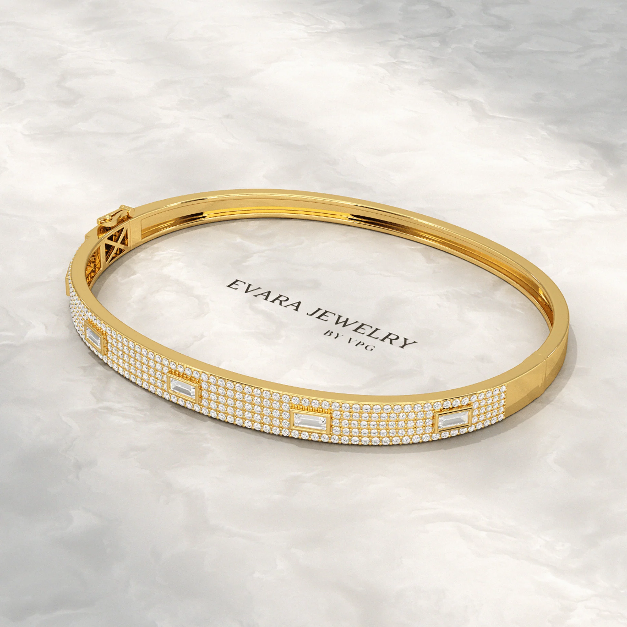 Diamond Round & Baguette Luxury Cuff Bracelet in Gold - Image 4