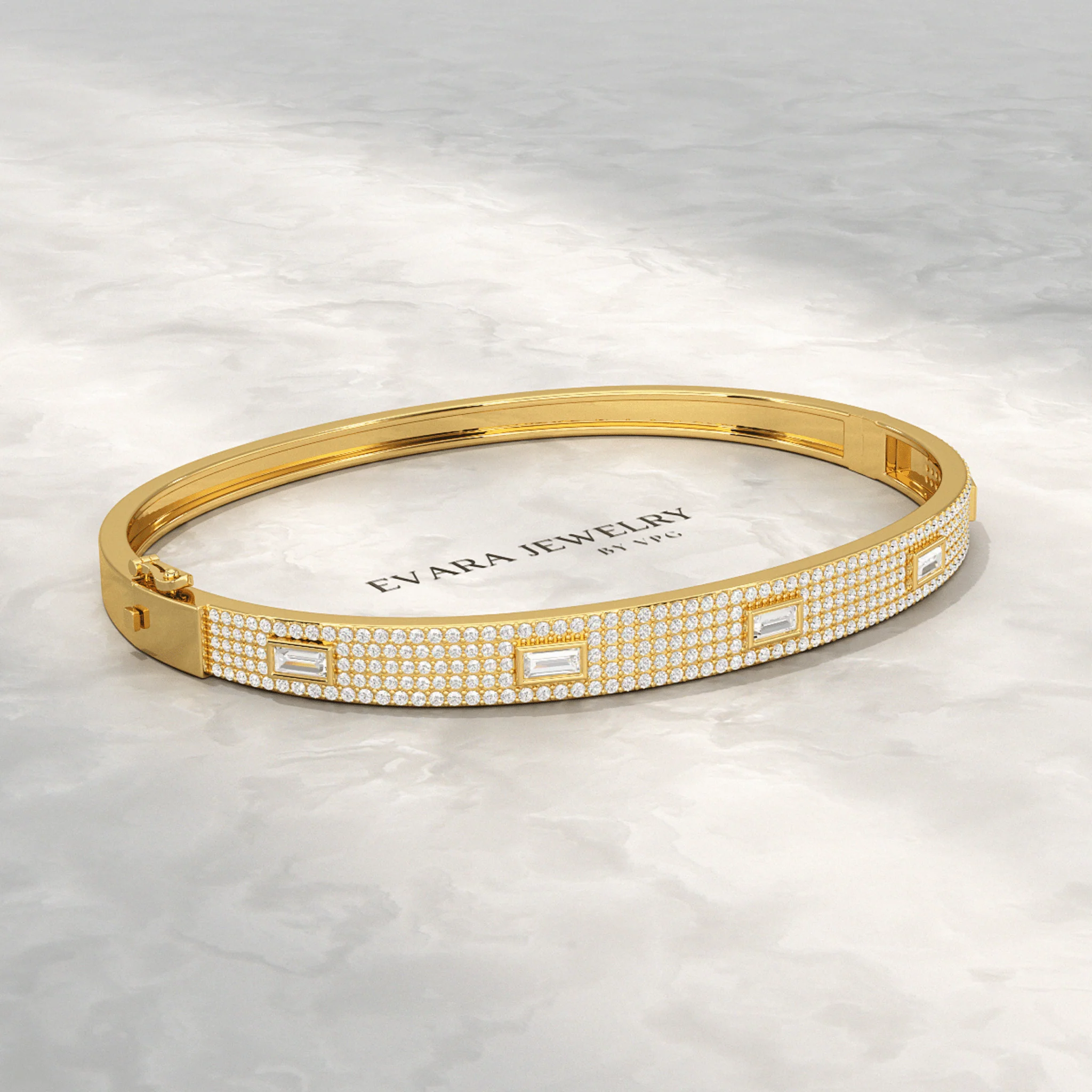 Diamond Round & Baguette Luxury Cuff Bracelet in Gold - Image 5
