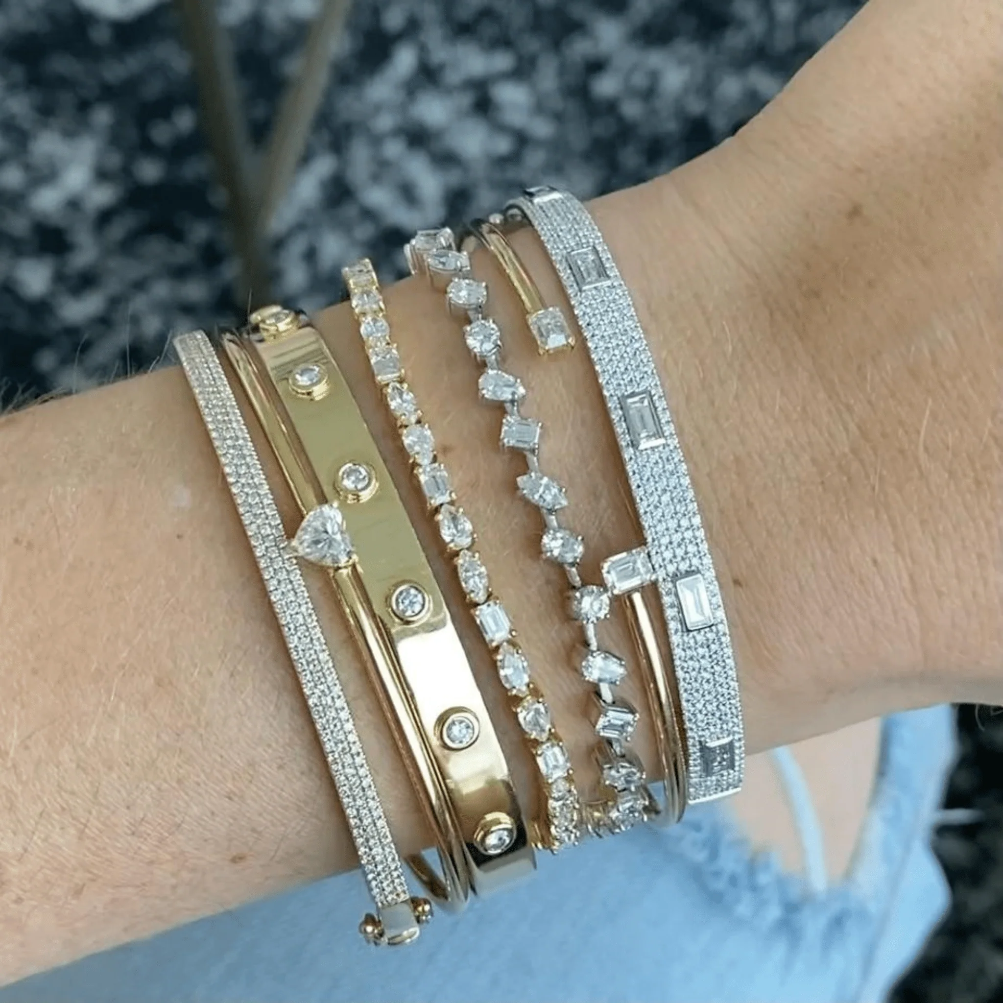 Diamond Round & Baguette Luxury Cuff Bracelet in Gold - Image 6