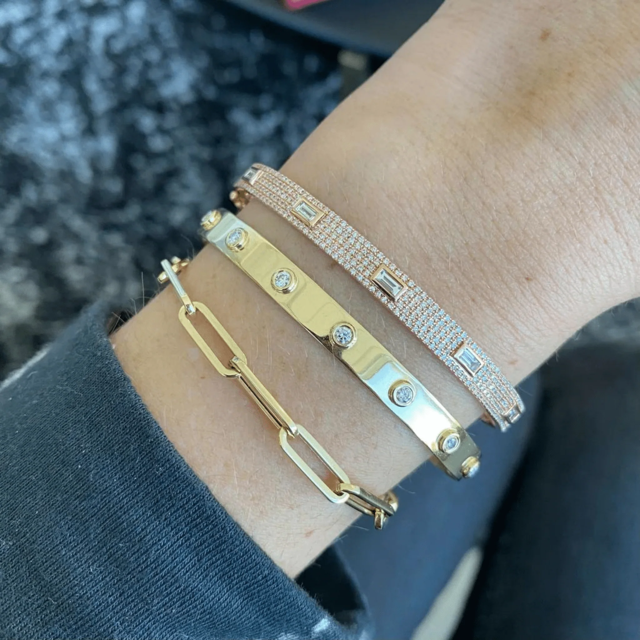 Diamond Round & Baguette Luxury Cuff Bracelet in Gold - Image 9