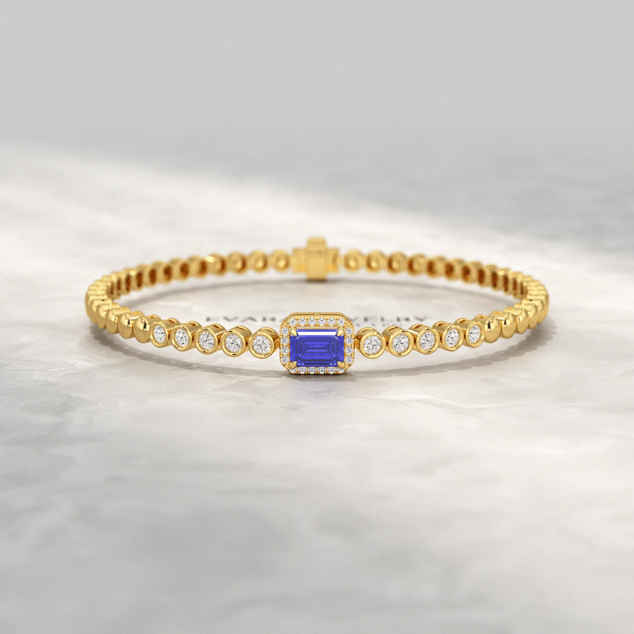 Diamond Tennis Bracelet with Emerald Cut Tanzanite in 14K Gold