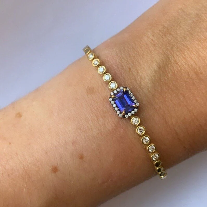Diamond Tennis Bracelet with Emerald Cut Tanzanite in 14K Gold - Image 2