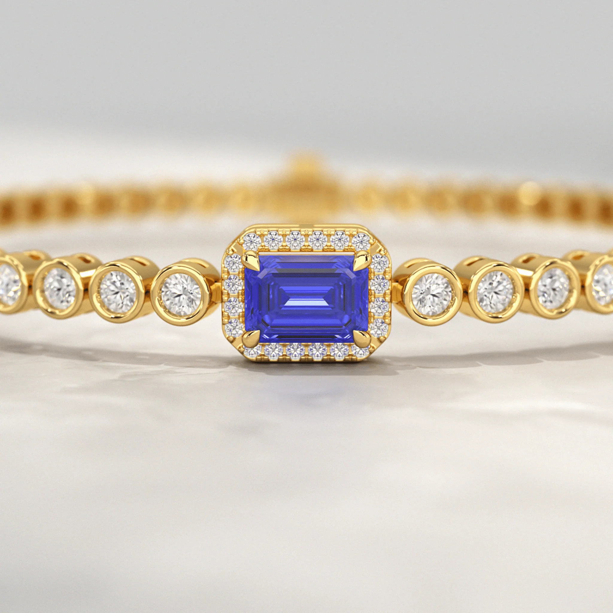 Diamond Tennis Bracelet with Emerald Cut Tanzanite in 14K Gold - Image 3