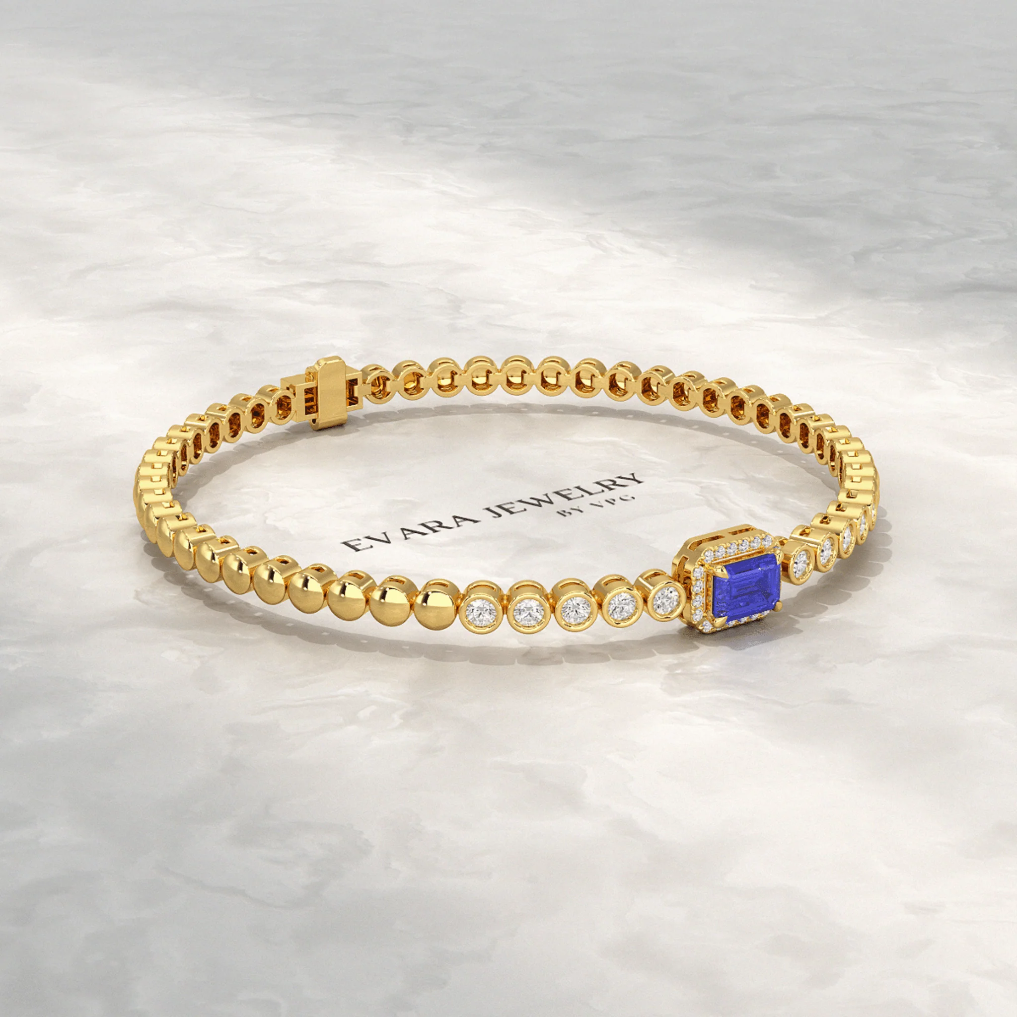 Diamond Tennis Bracelet with Emerald Cut Tanzanite in 14K Gold - Image 4