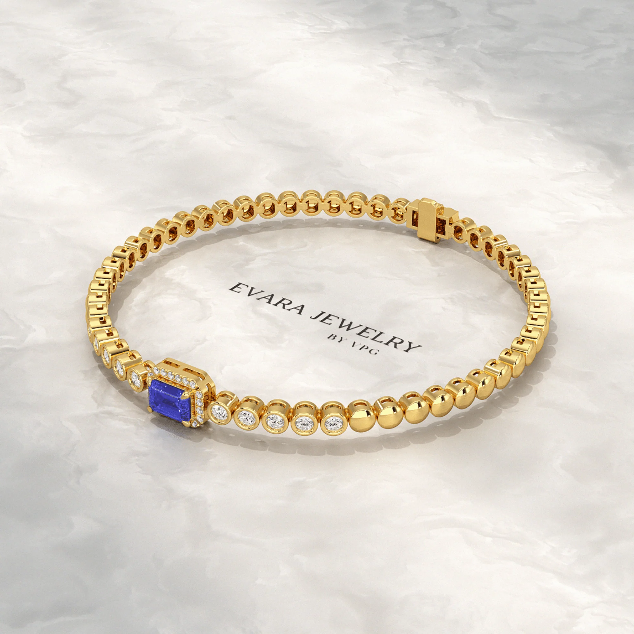 Diamond Tennis Bracelet with Emerald Cut Tanzanite in 14K Gold - Image 5