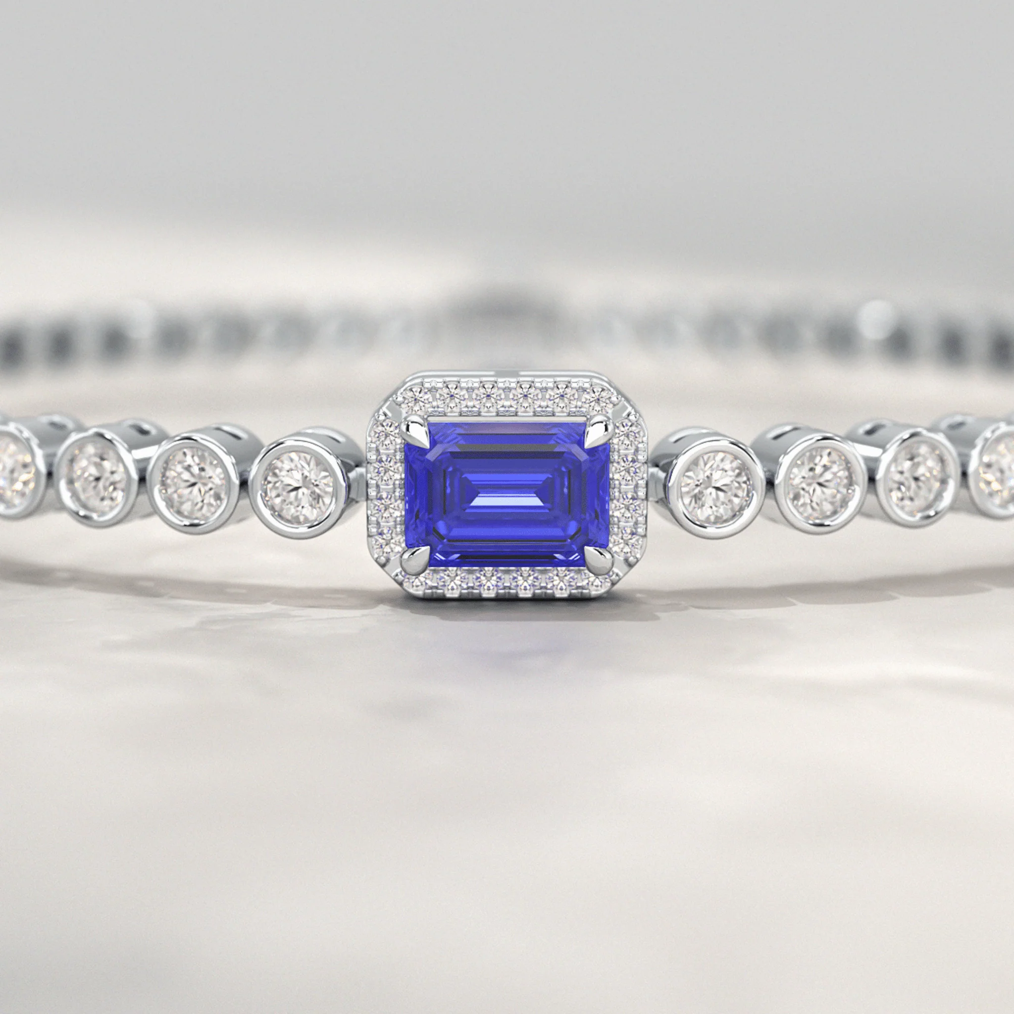 Diamond Tennis Bracelet with Emerald Cut Tanzanite in 14K Gold - Image 6
