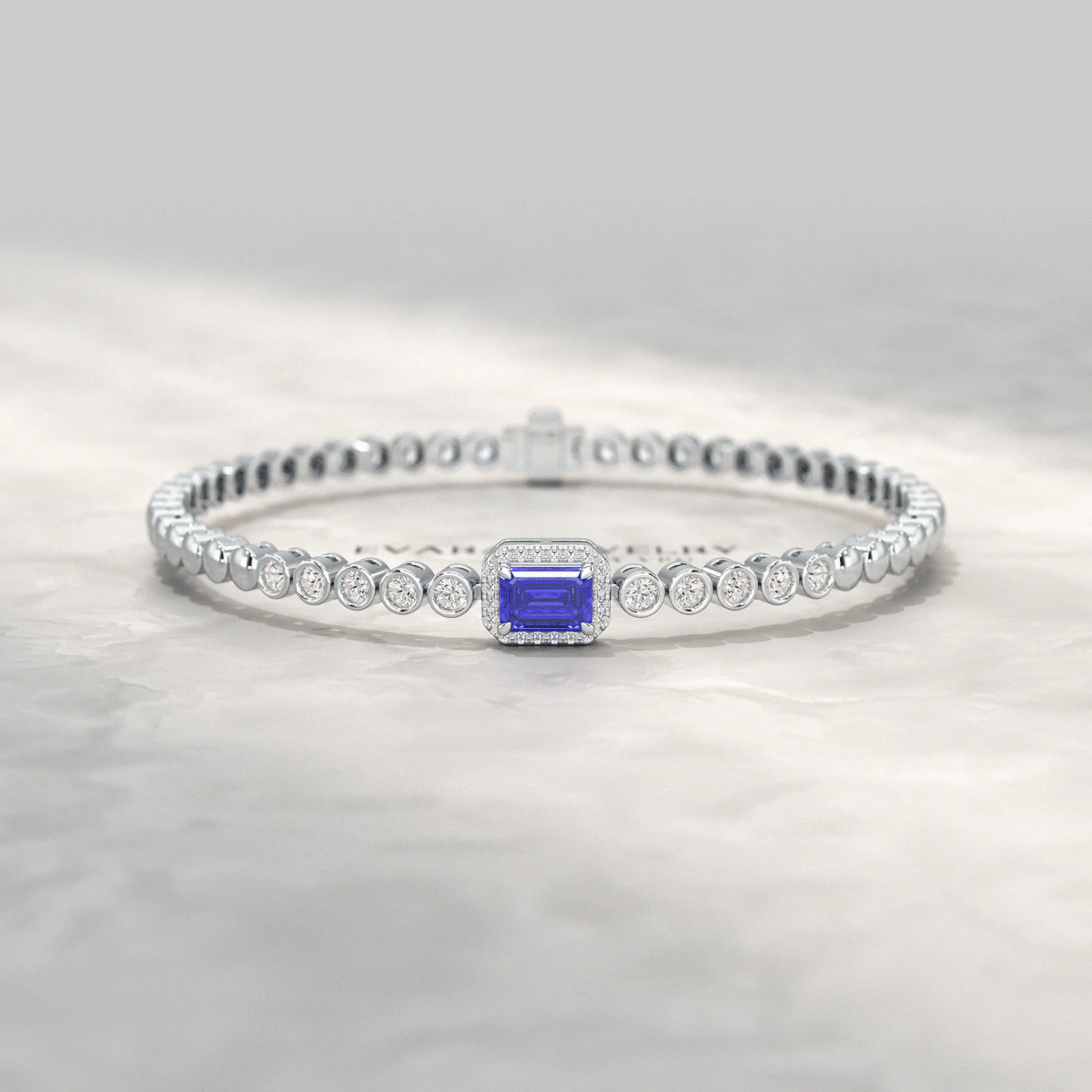 Diamond Tennis Bracelet with Emerald Cut Tanzanite in 14K Gold - Image 7
