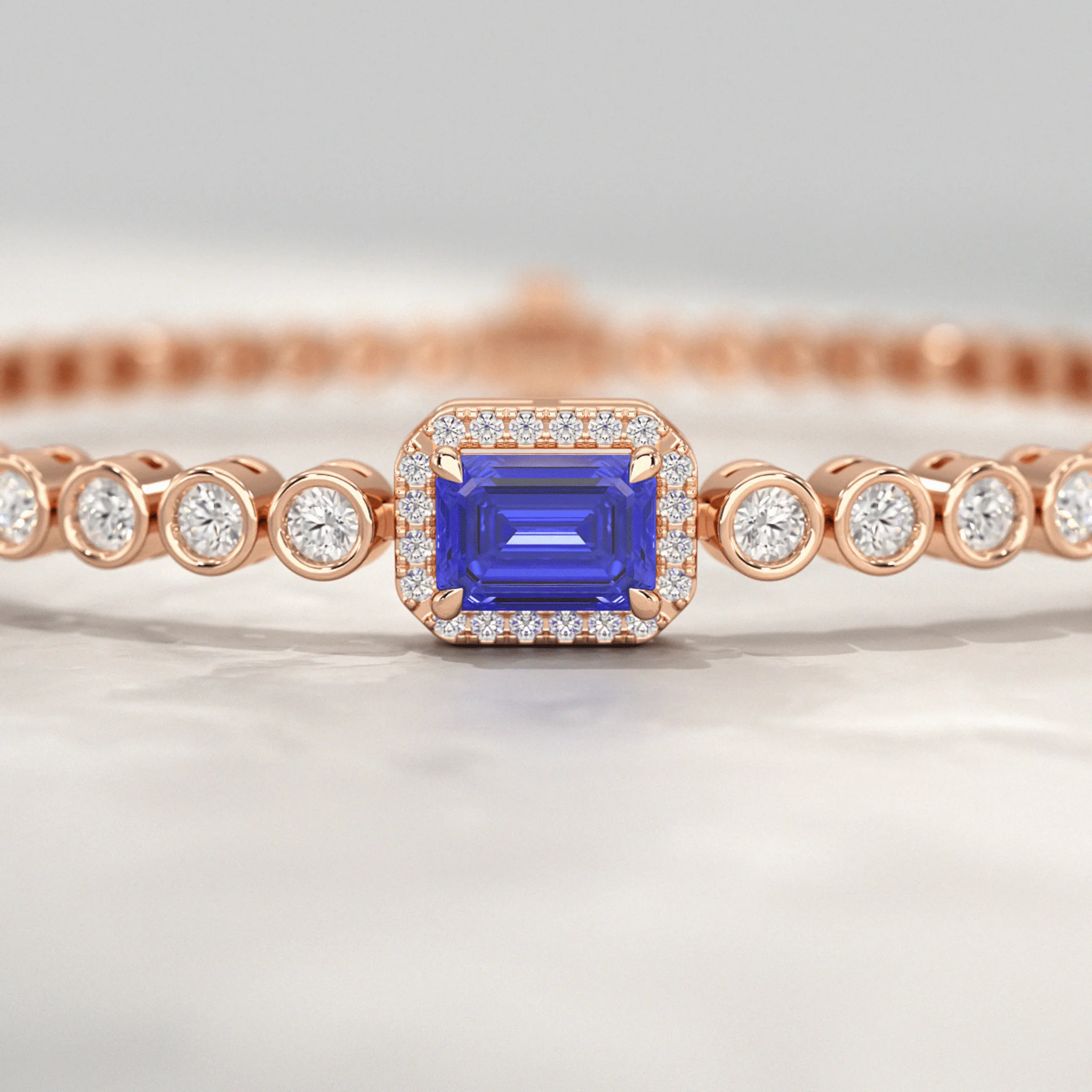 Diamond Tennis Bracelet with Emerald Cut Tanzanite in 14K Gold - Image 8