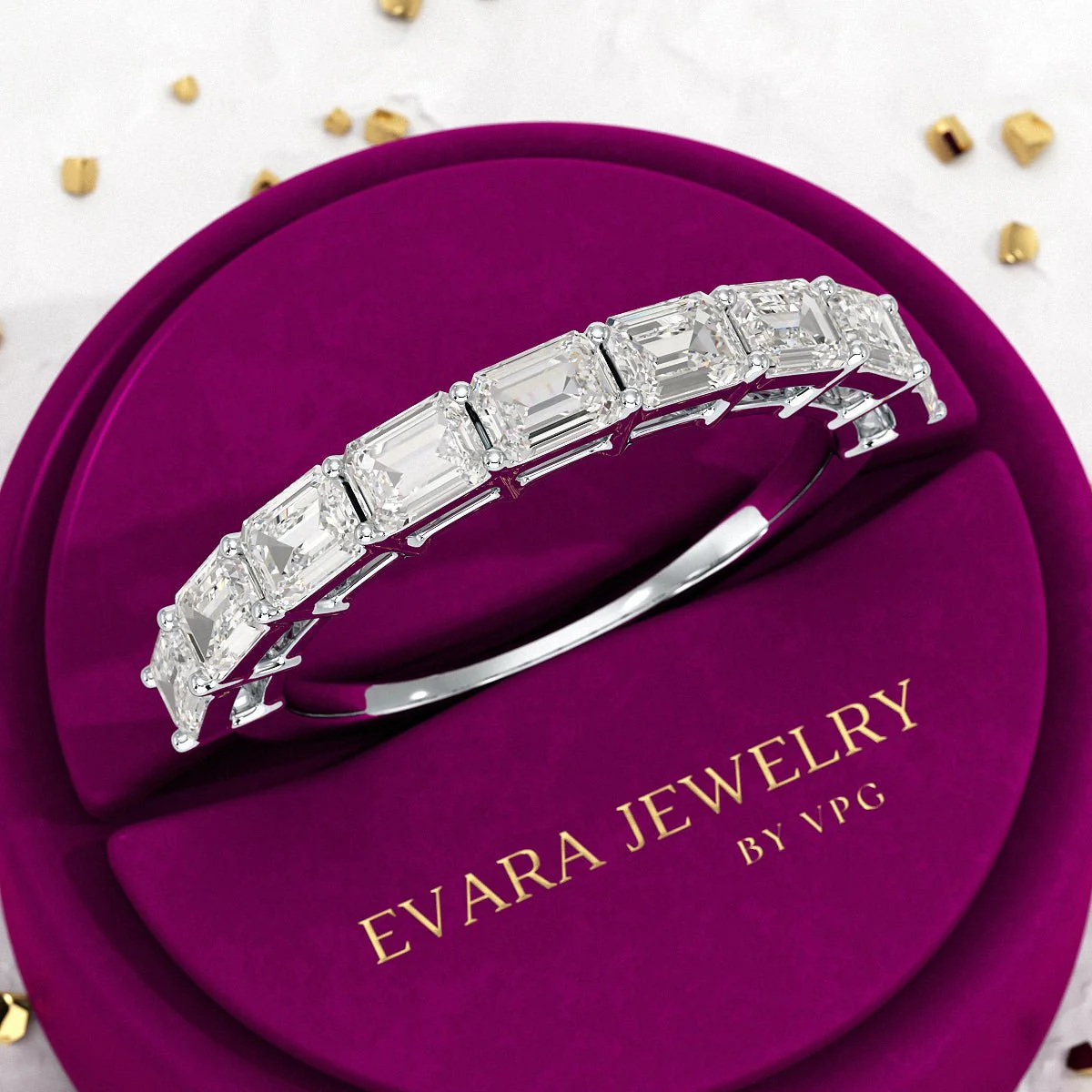 East West Luxury Emerald Cut Diamond Wedding Band - Image 6