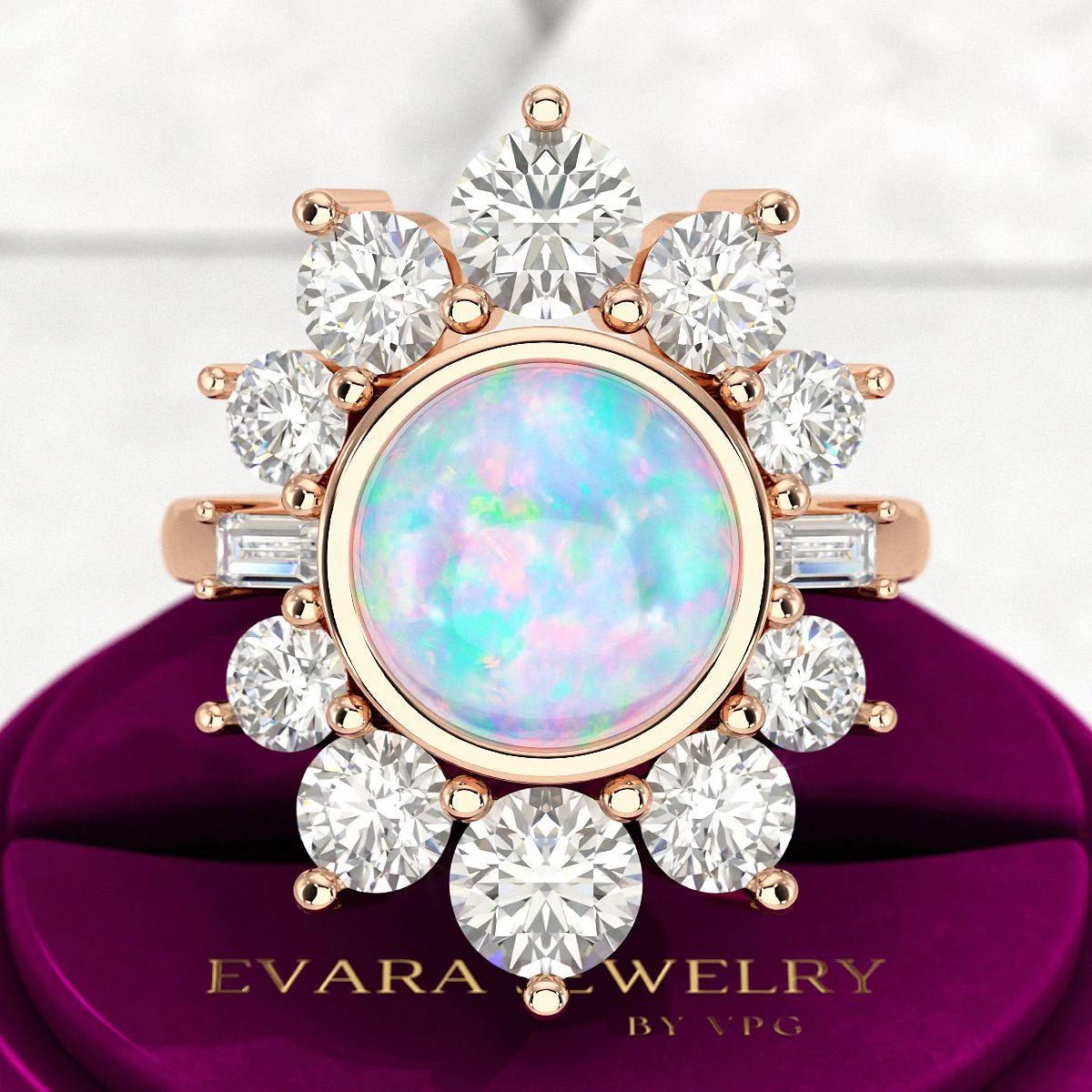 Natural Round Fire Opal & CVD Diamond Victorian Era Wedding Ring - Image 10