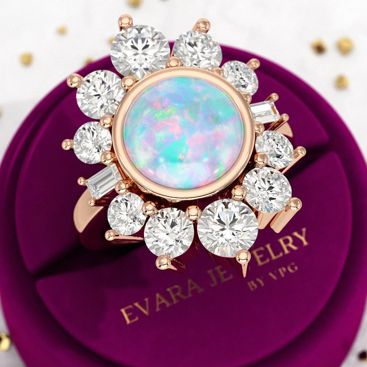 Natural Round Fire Opal & CVD Diamond Victorian Era Wedding Ring - Image 11