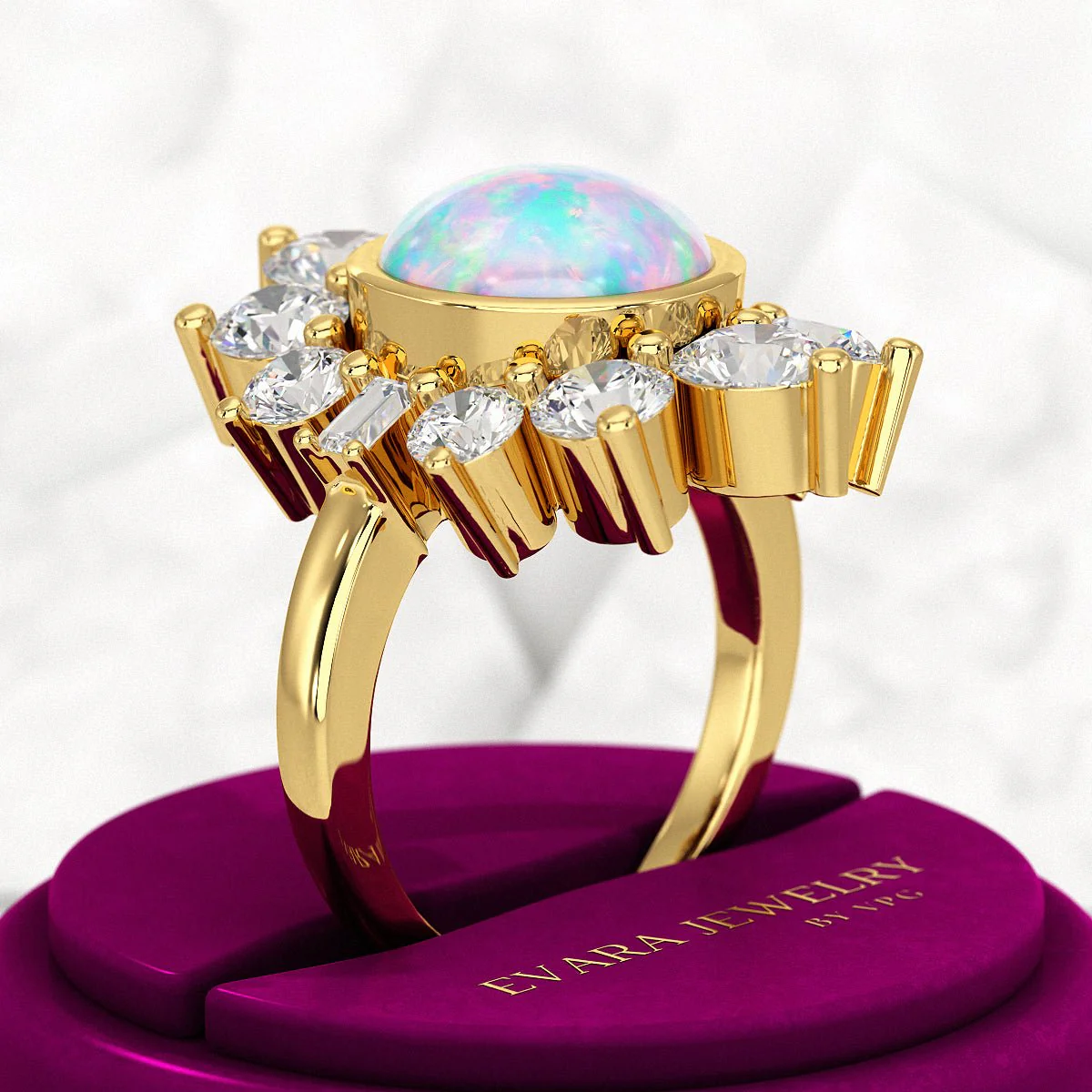 Natural Round Fire Opal & CVD Diamond Victorian Era Wedding Ring - Image 4
