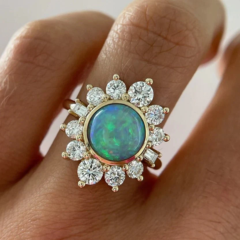 Natural Round Fire Opal & CVD Diamond Victorian Era Wedding Ring - Image 5