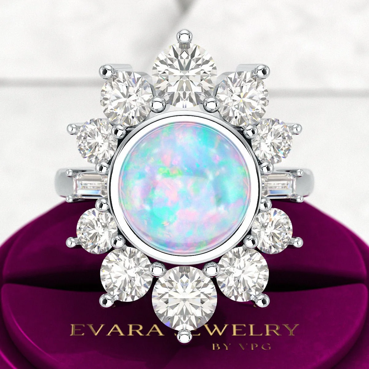 Natural Round Fire Opal & CVD Diamond Victorian Era Wedding Ring - Image 8