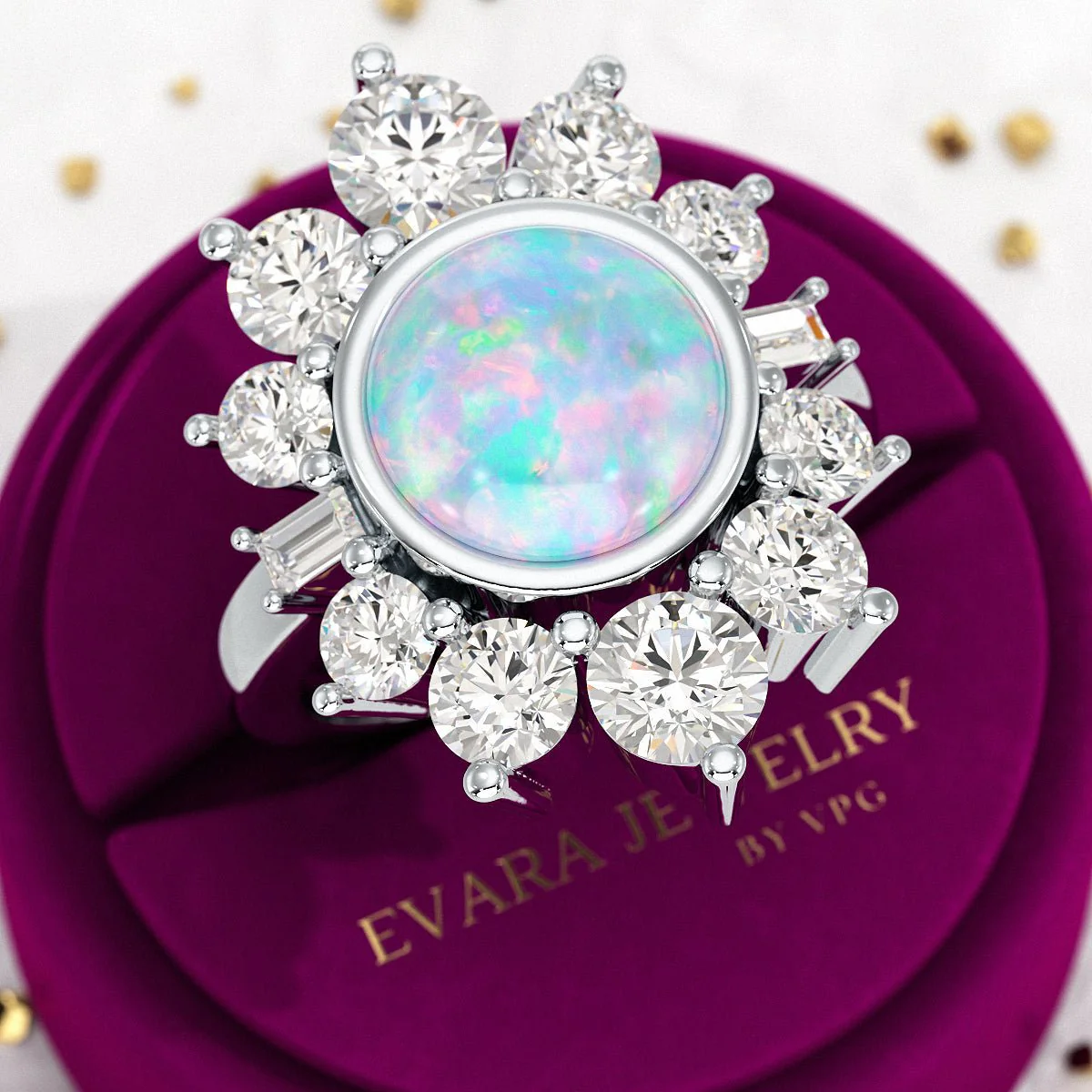 Natural Round Fire Opal & CVD Diamond Victorian Era Wedding Ring - Image 9