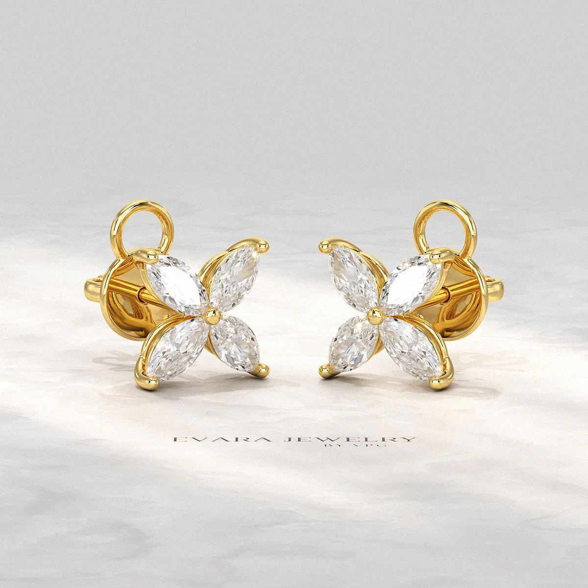 Diamond Floral Stud Earrings with Marquise cut Lab Grown Diamond - Image 5