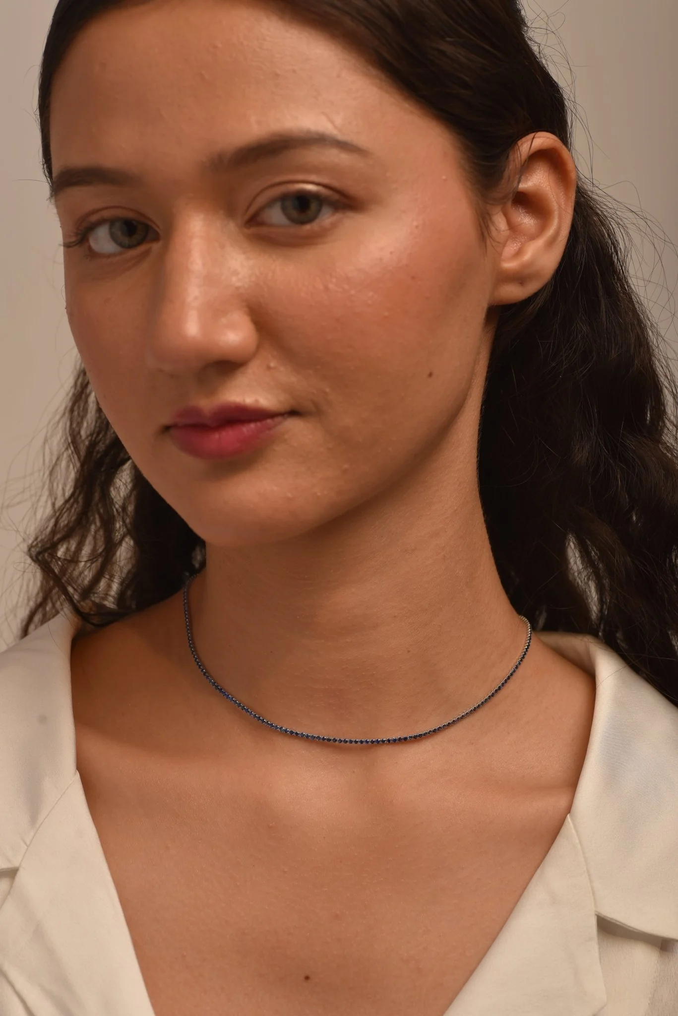 Natural Blue Sapphire Tennis Necklace in 14K/18K White Gold - Image 3