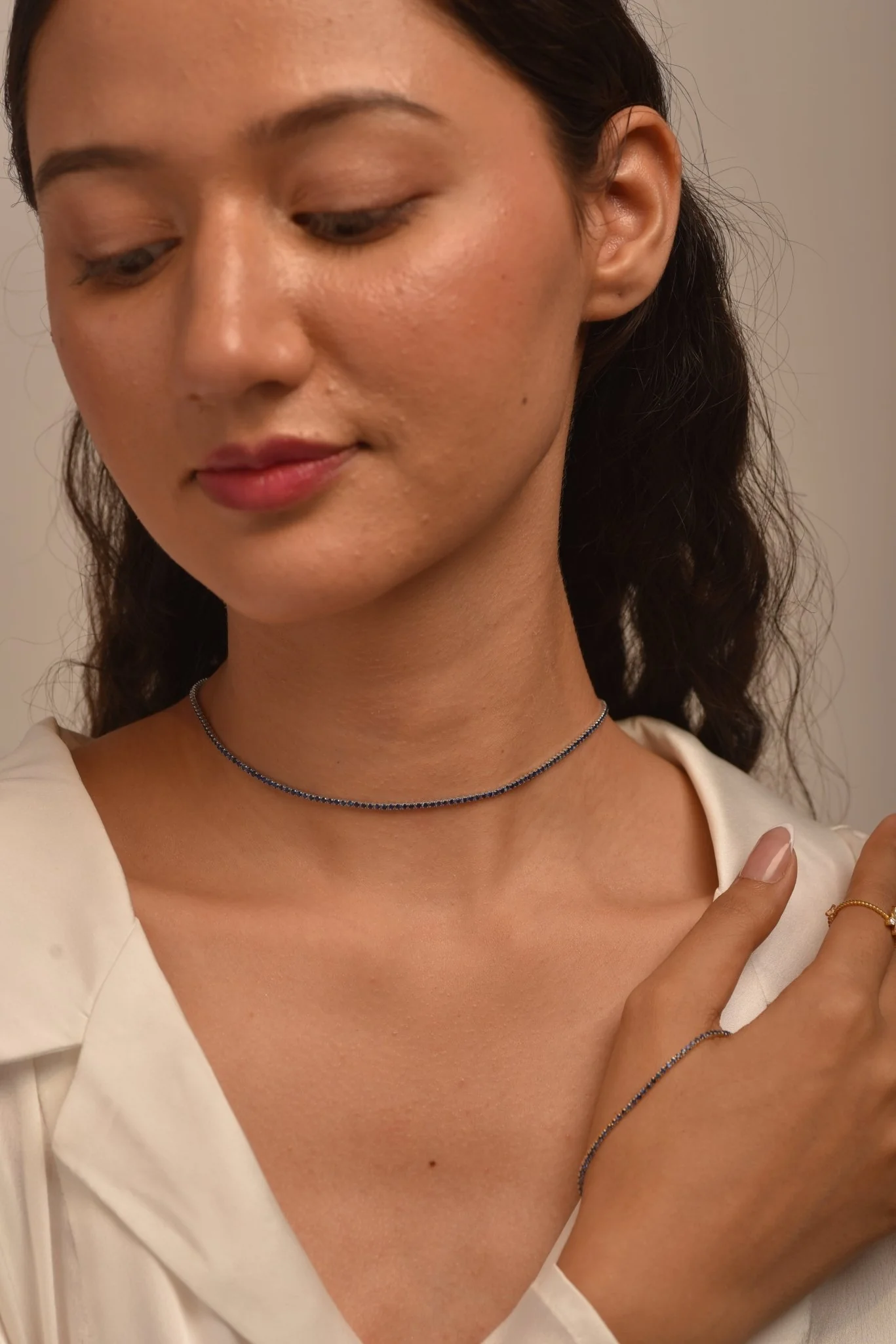 Natural Blue Sapphire Tennis Necklace in 14K/18K White Gold - Image 4