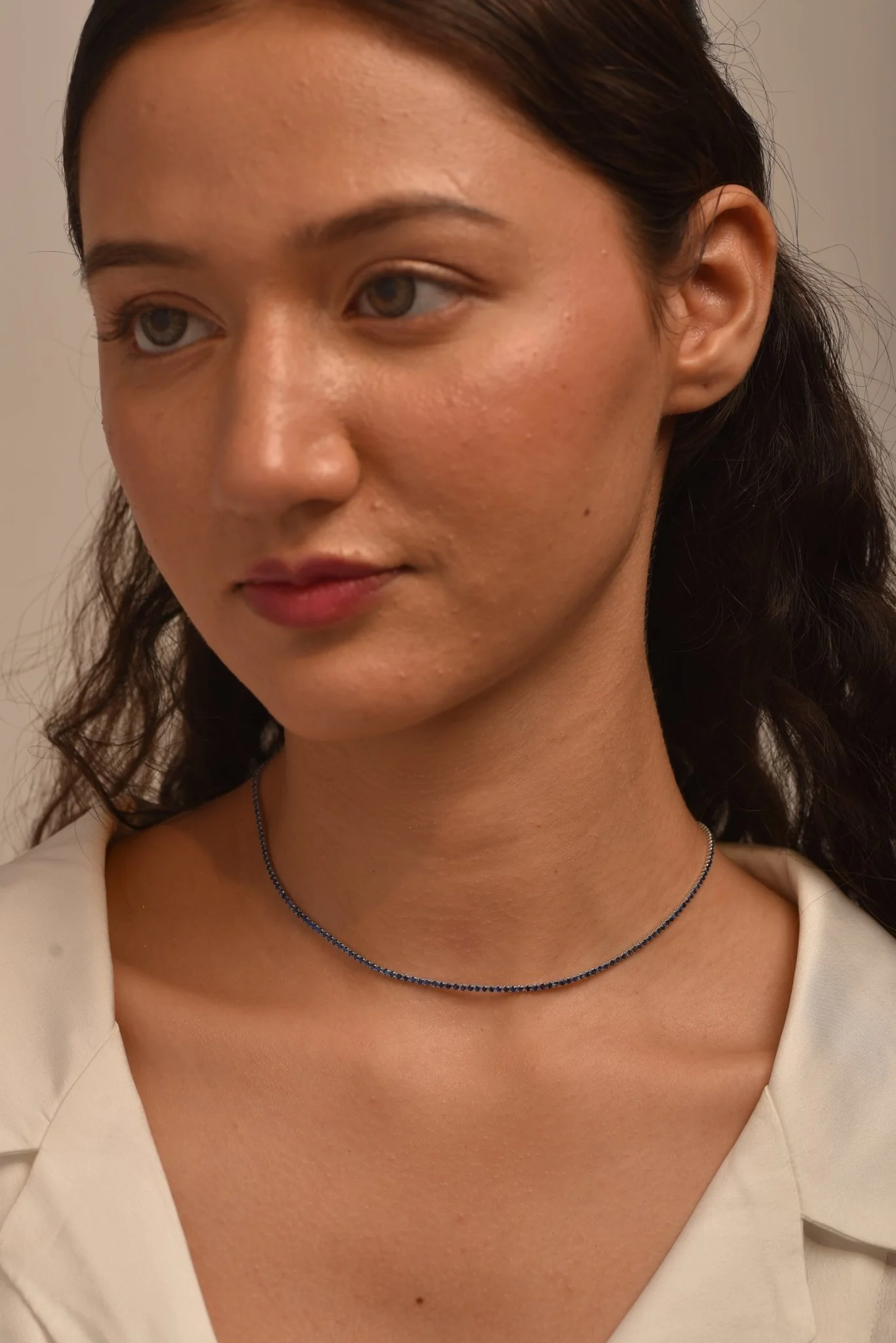 Natural Blue Sapphire Tennis Necklace in 14K/18K White Gold - Image 6