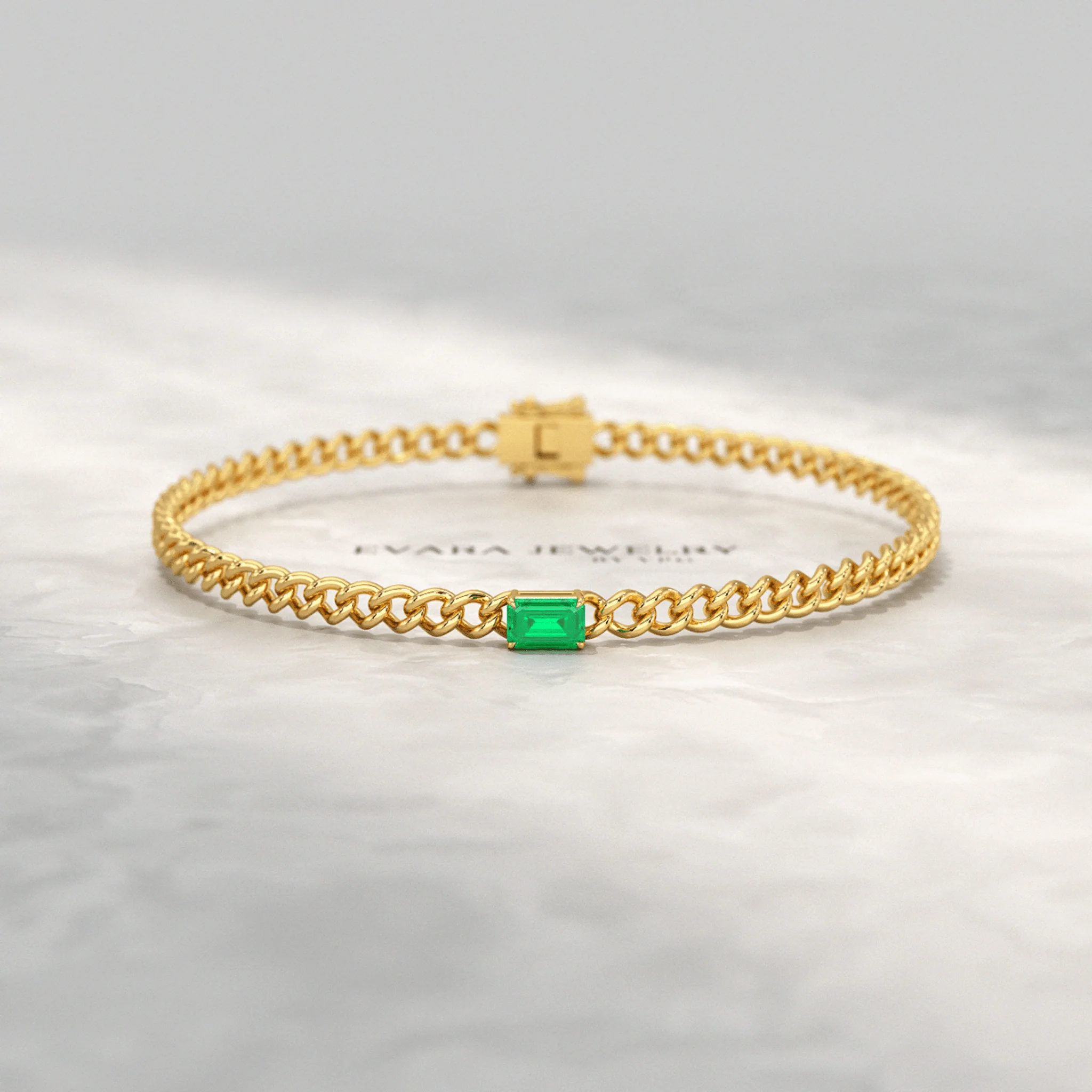 Natural Emerald Cuban Chain Link Statement Bracelet in 14K Yellow Gold