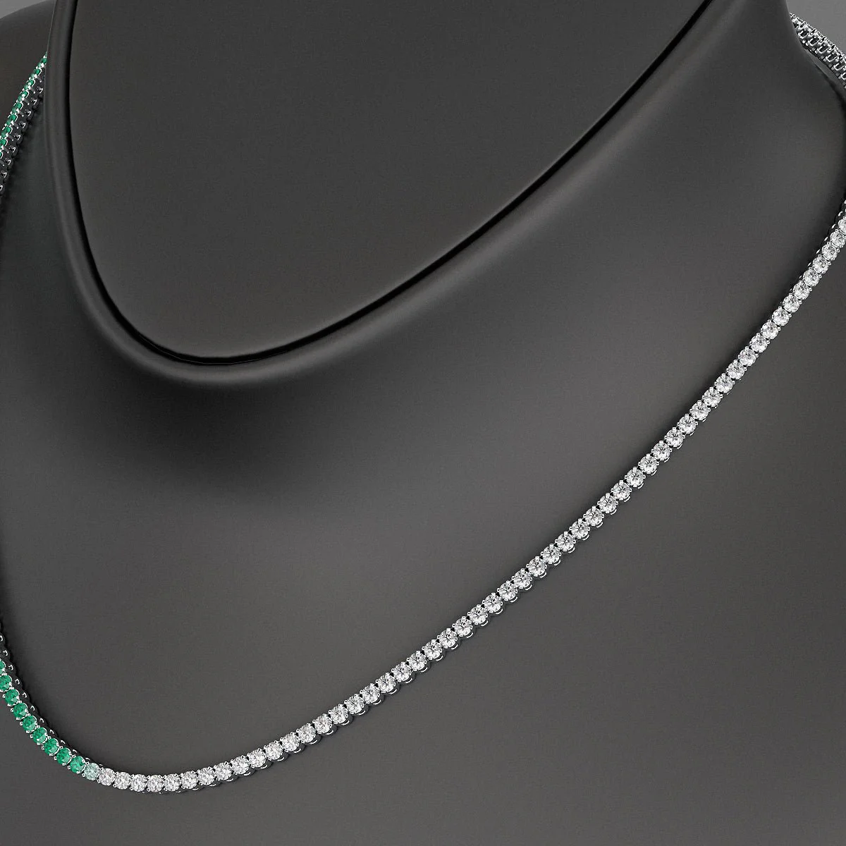 Natural Emerald & Diamond 50-50 Tennis Necklace in 14K/18K White Gold - Image 3