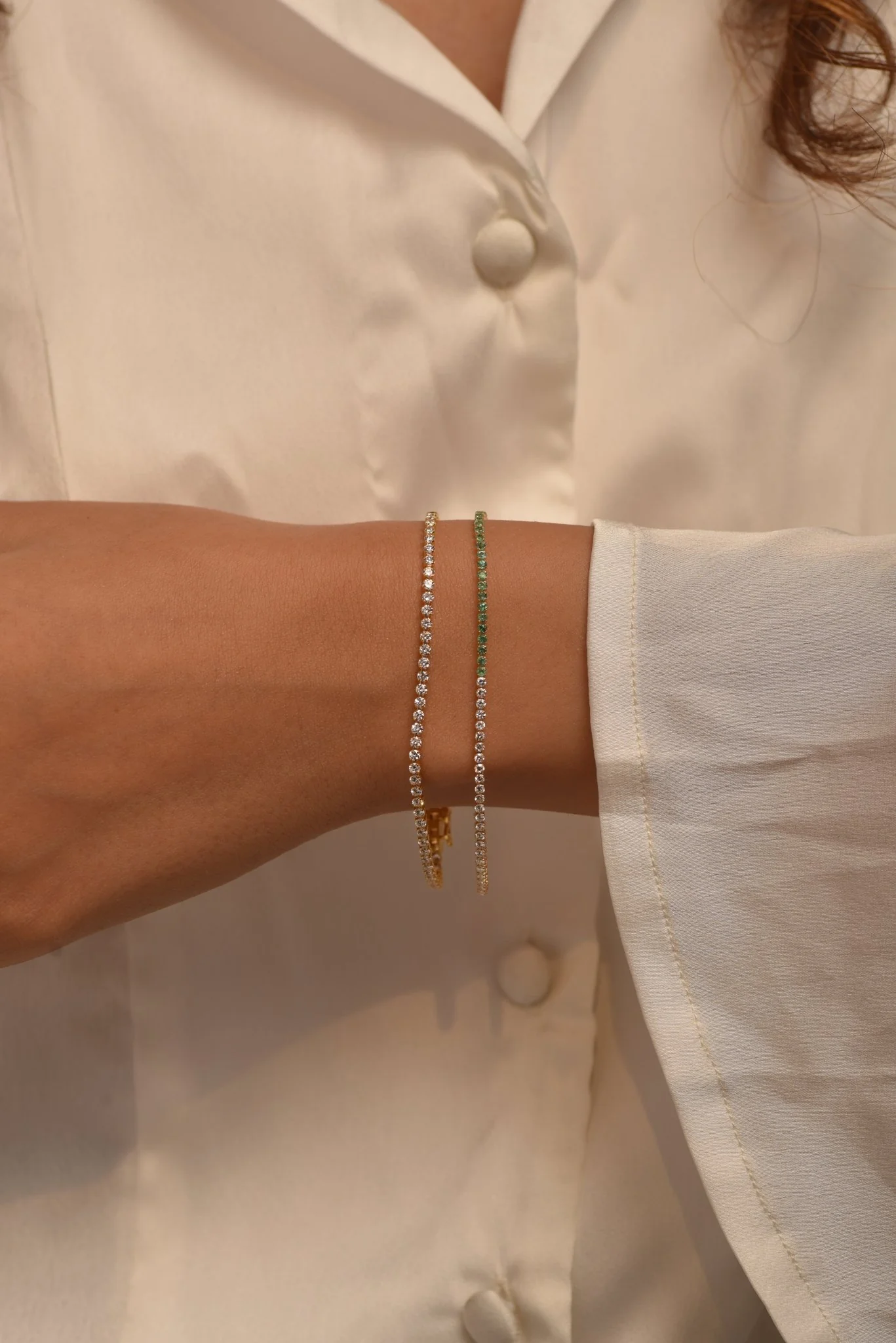 Natural Emerald & Lab Grown Diamond 50-50 Custom Tennis Bracelet in 14K/18K Gold - Image 7