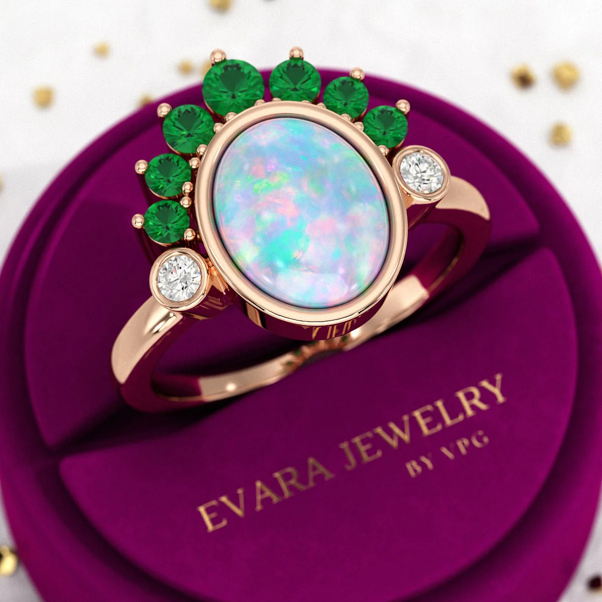Natural Opal Multi Stone Art Deco Ring with Natural Emeralds and Diamonds - Image 10