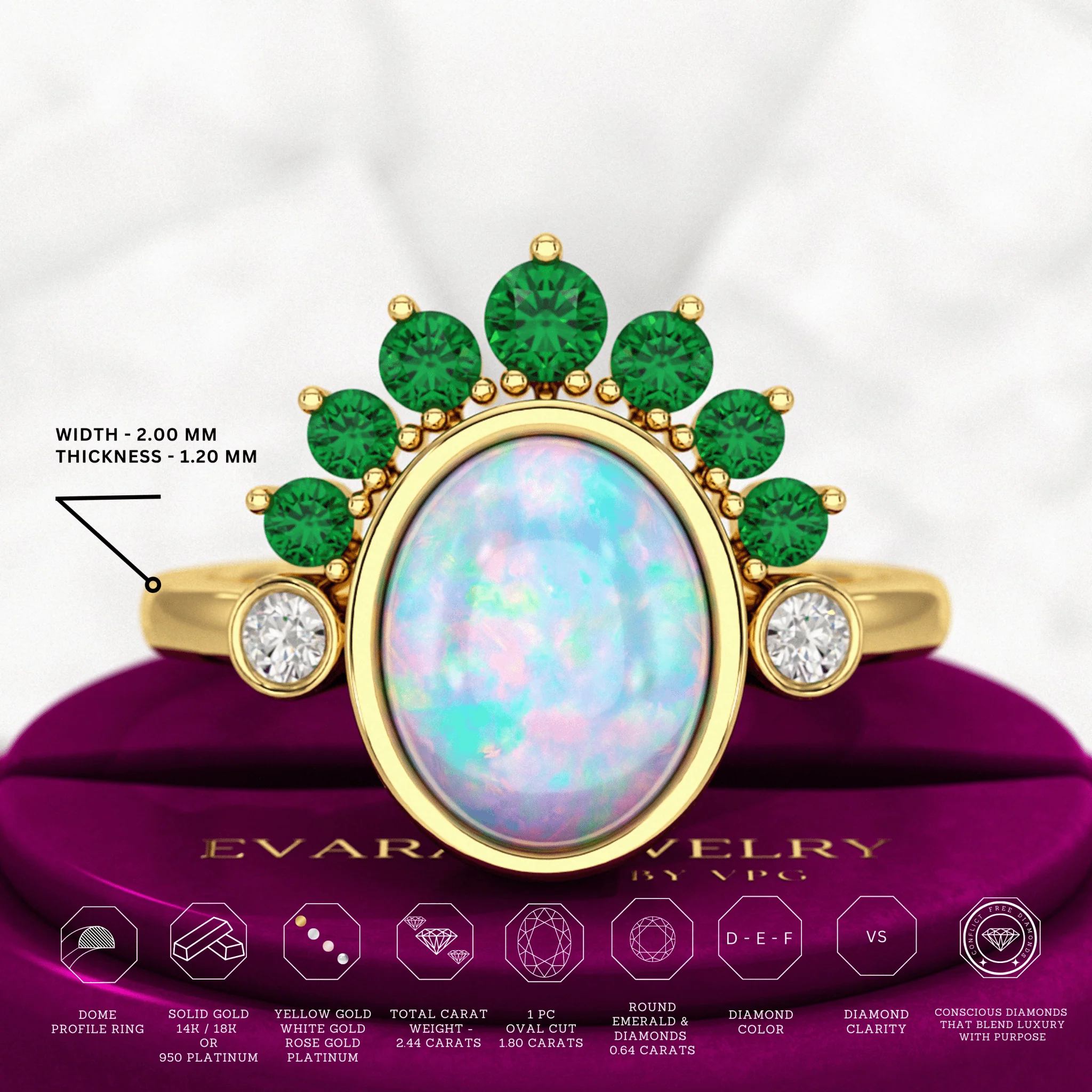 Natural Opal Multi Stone Art Deco Ring with Natural Emeralds and Diamonds - Image 3