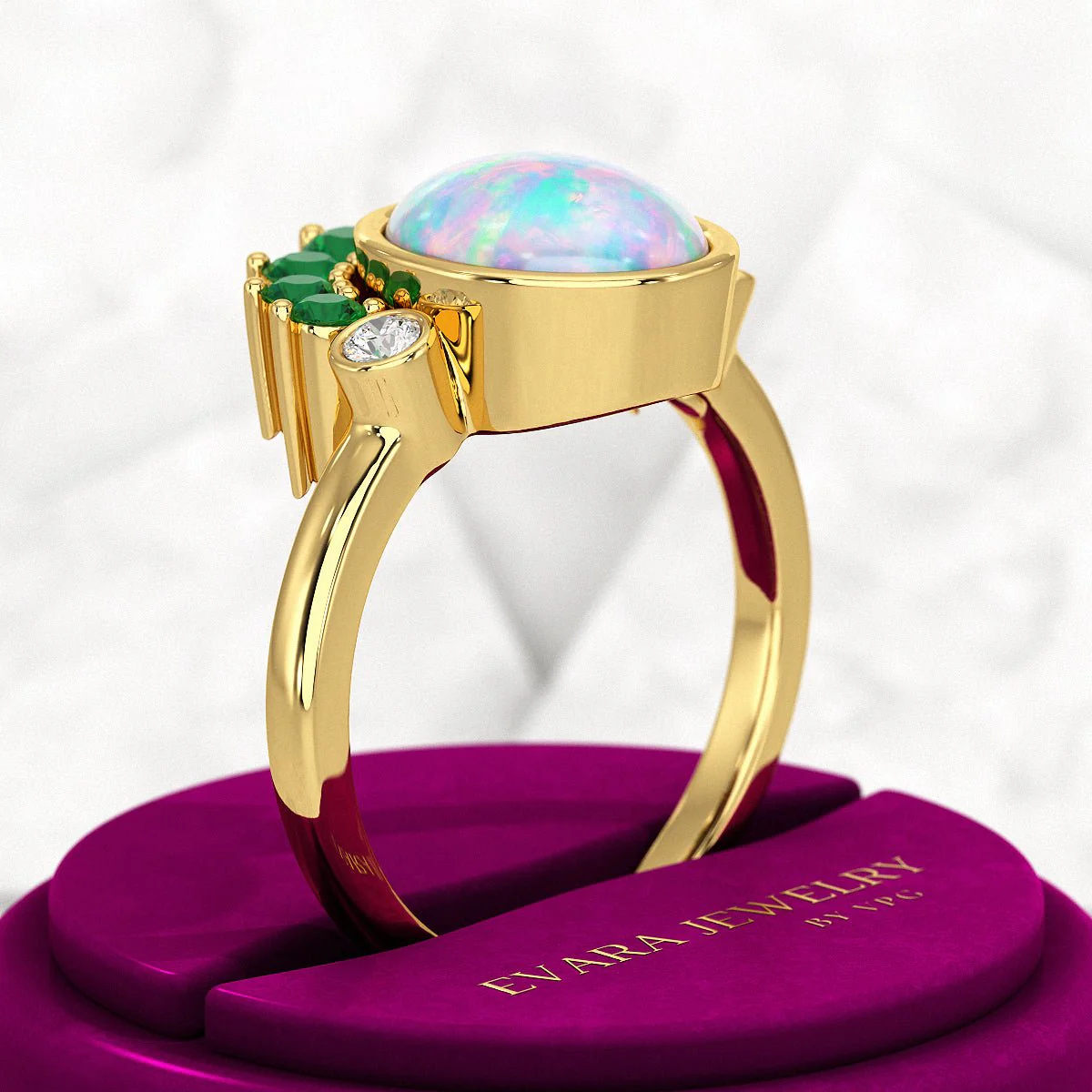Natural Opal Multi Stone Art Deco Ring with Natural Emeralds and Diamonds - Image 4
