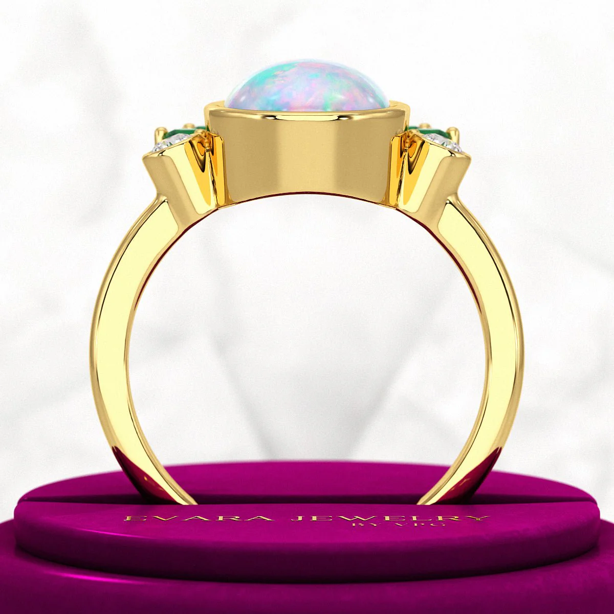 Natural Opal Multi Stone Art Deco Ring with Natural Emeralds and Diamonds - Image 5