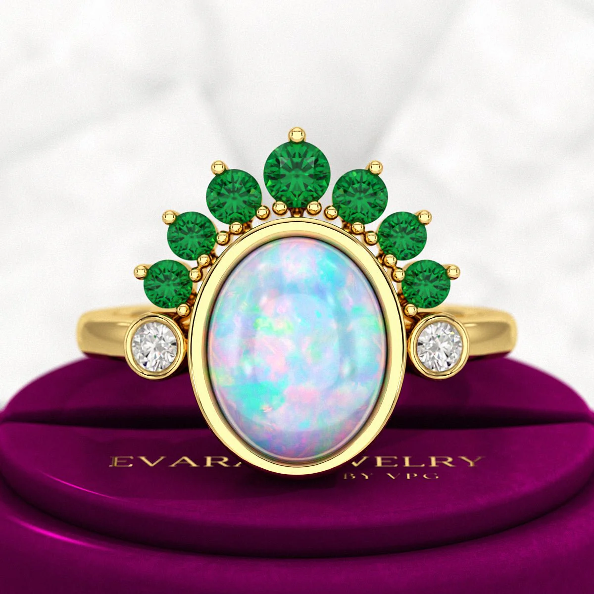 Natural Opal Multi Stone Art Deco Ring with Natural Emeralds and Diamonds - Image 6