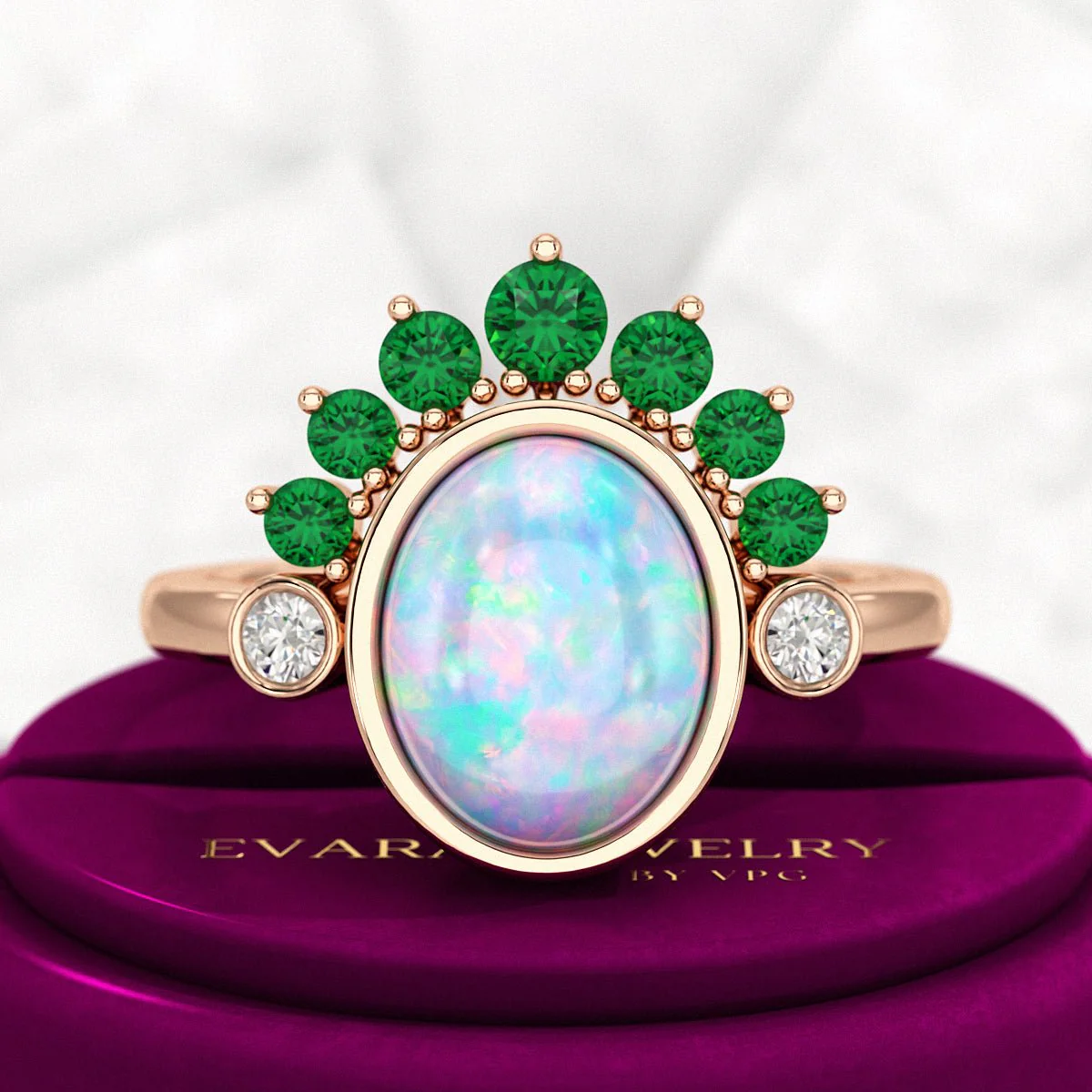 Natural Opal Multi Stone Art Deco Ring with Natural Emeralds and Diamonds - Image 7