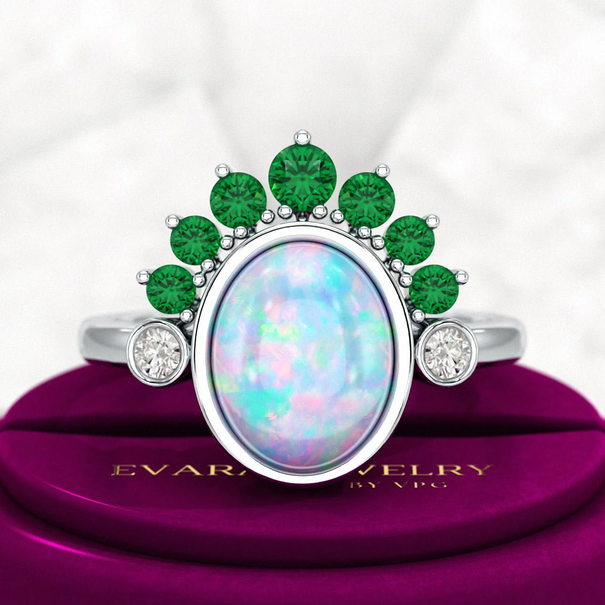 Natural Opal Multi Stone Art Deco Ring with Natural Emeralds and Diamonds - Image 8