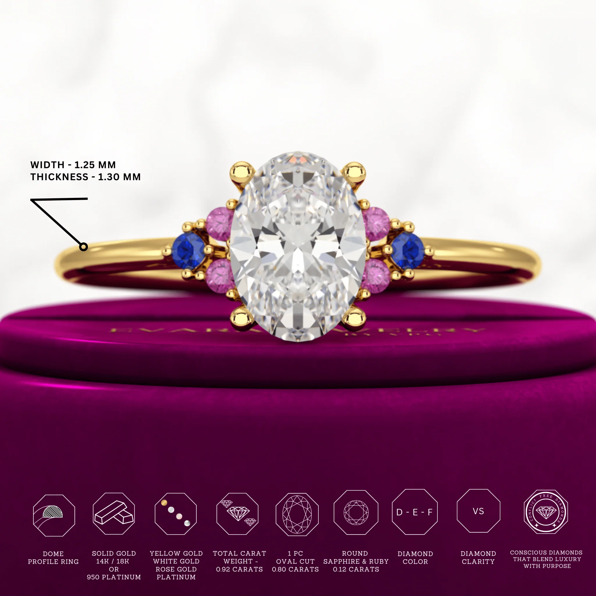 Oval CVD Diamond Engagement Ring with Natural Ruby & Sapphire - Image 3