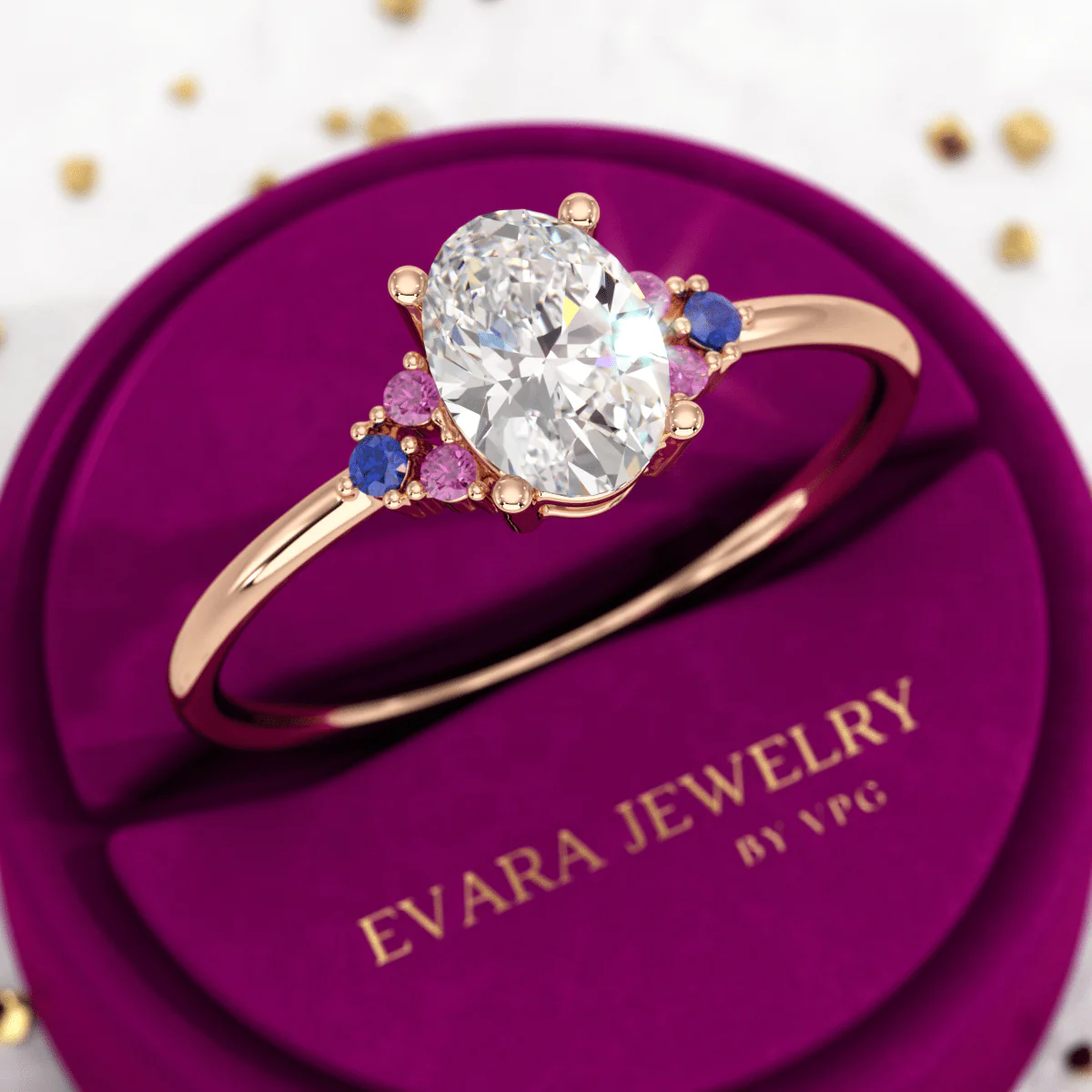 Oval CVD Diamond Engagement Ring with Natural Ruby & Sapphire - Image 7