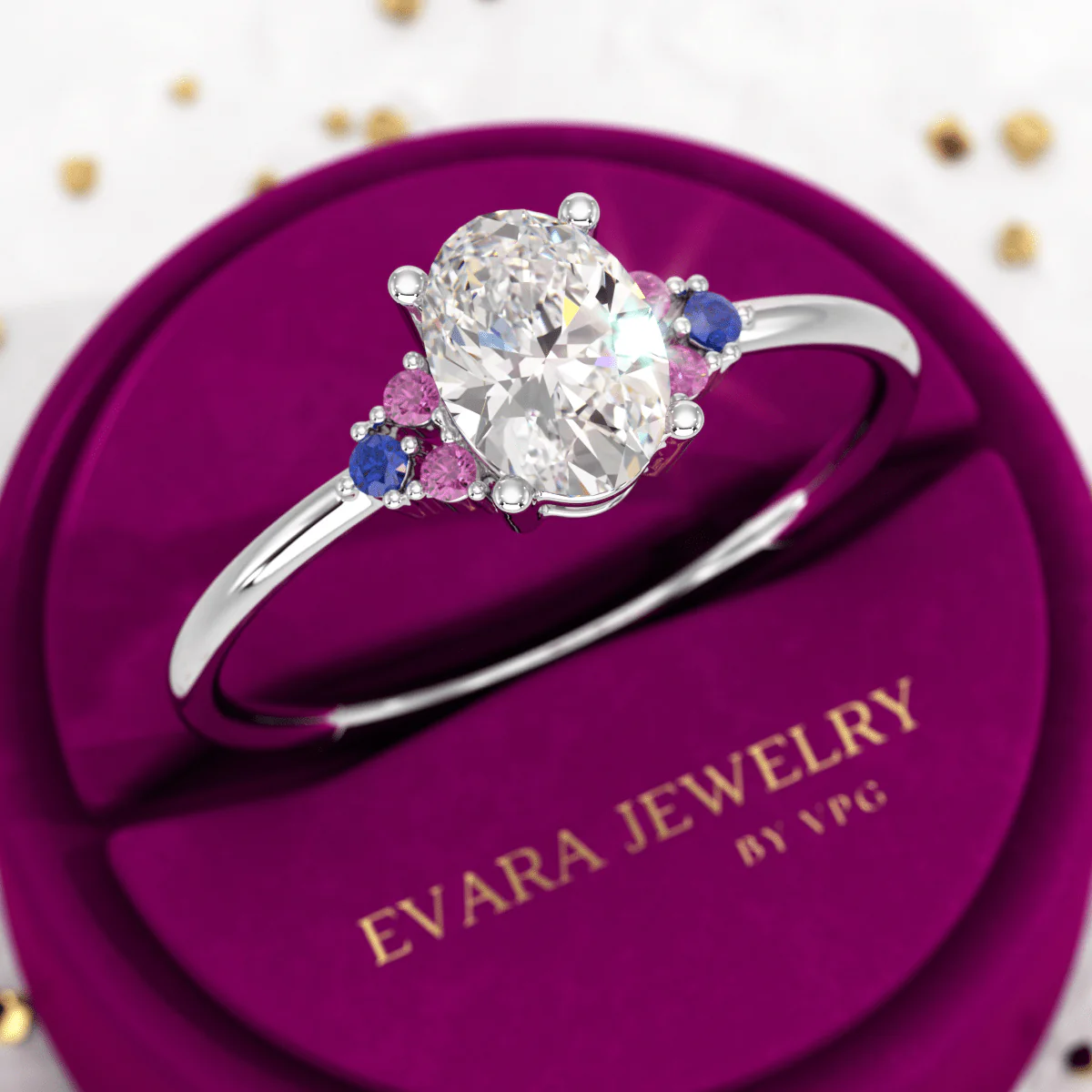 Oval CVD Diamond Engagement Ring with Natural Ruby & Sapphire - Image 9