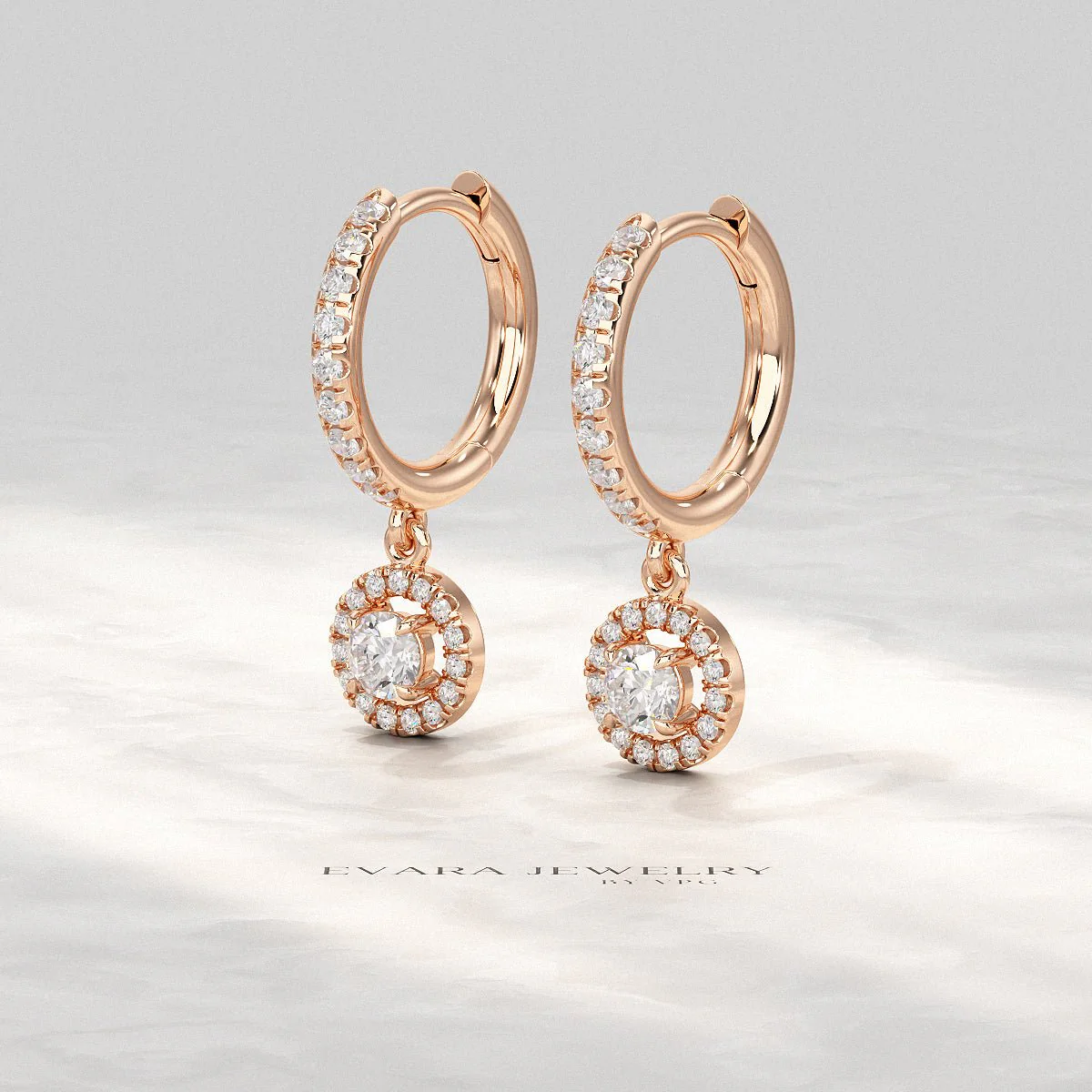 Round Cut Halo Drop Diamond Huggies Earrings - Image 11